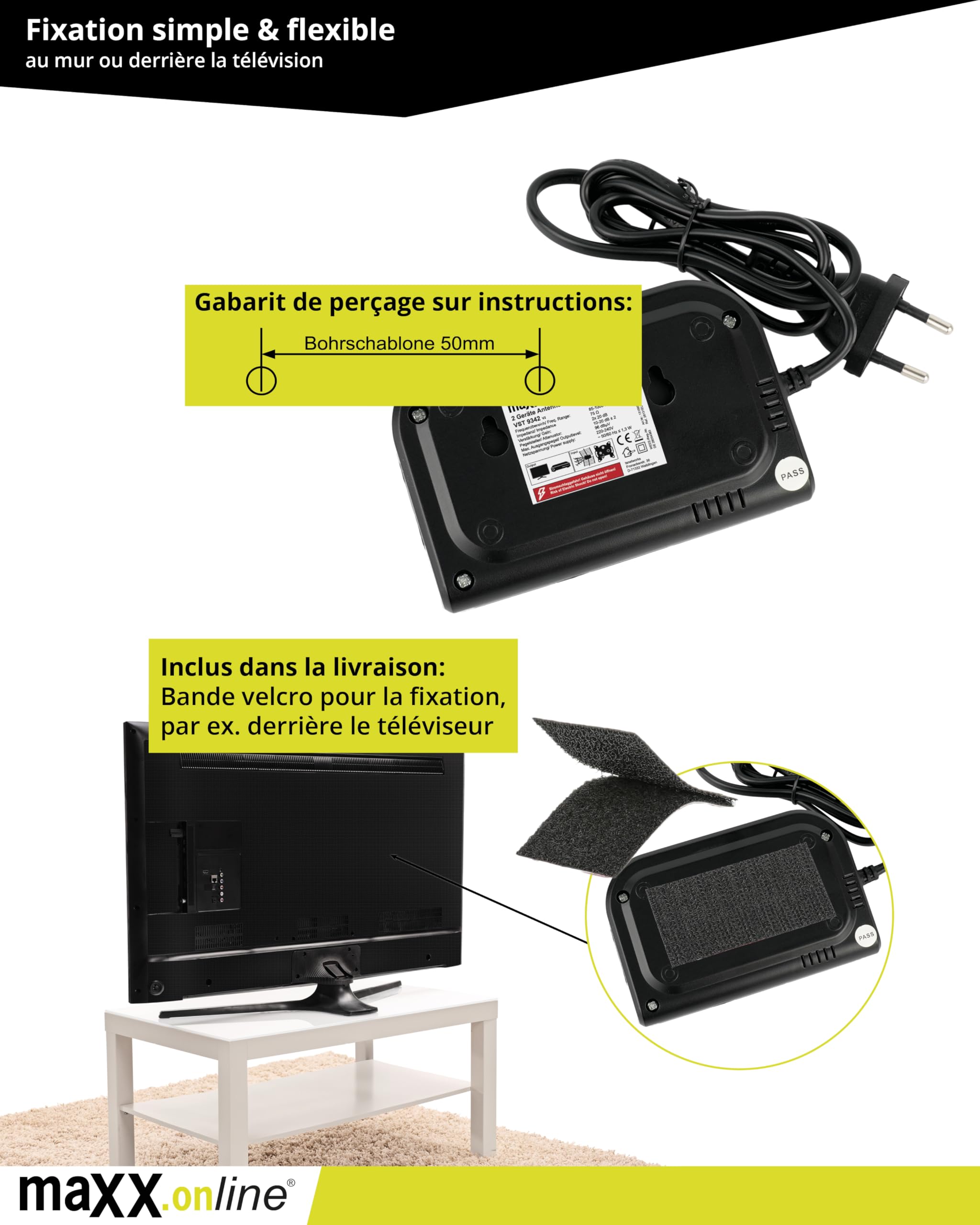 Amplificateur d'antenne 2x20 dB, 85-1006 MHz, F, TV par câble
