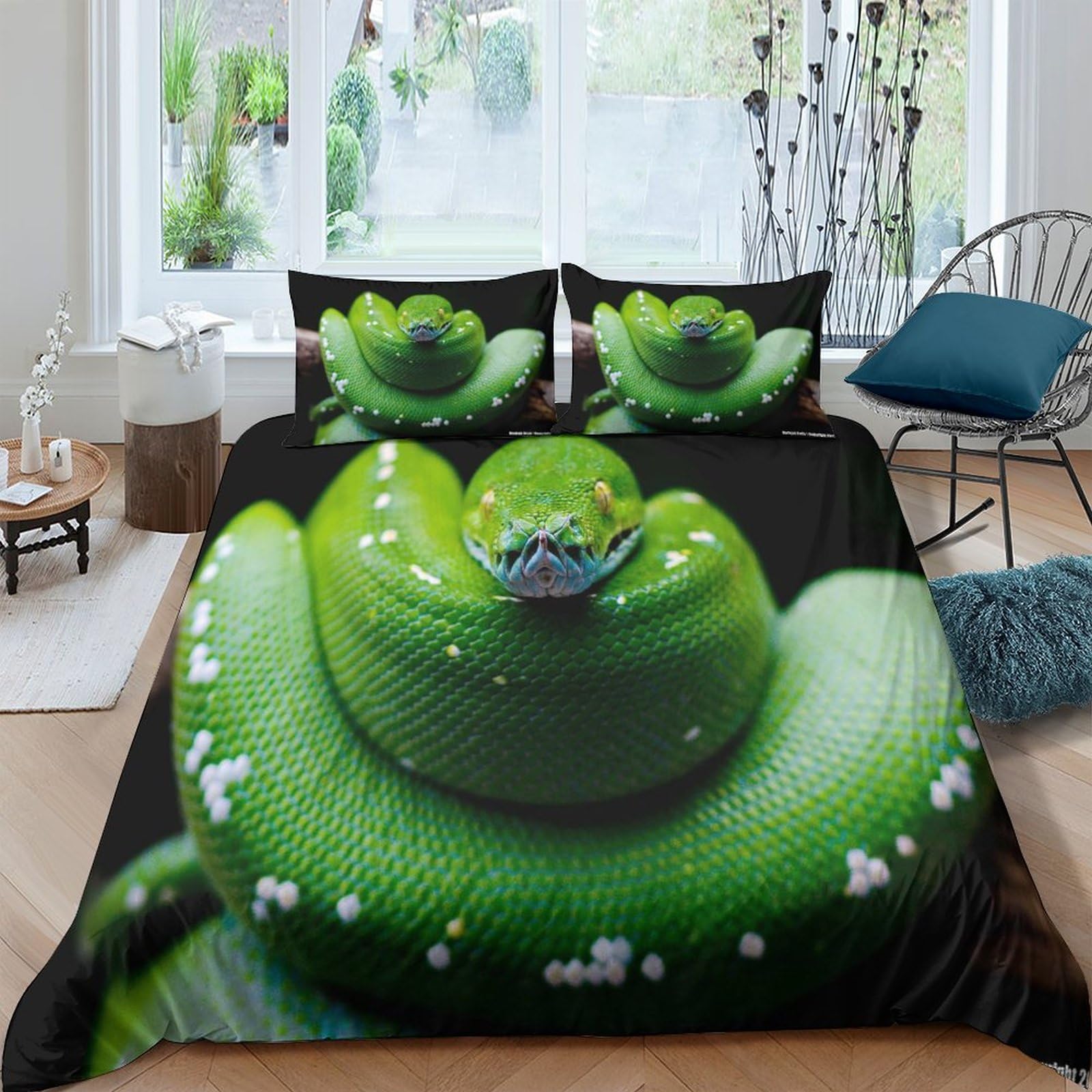 Housse de couette serpent 3D en microfibre 200x200 cm avec 2 taies d'oreiller pour lit double