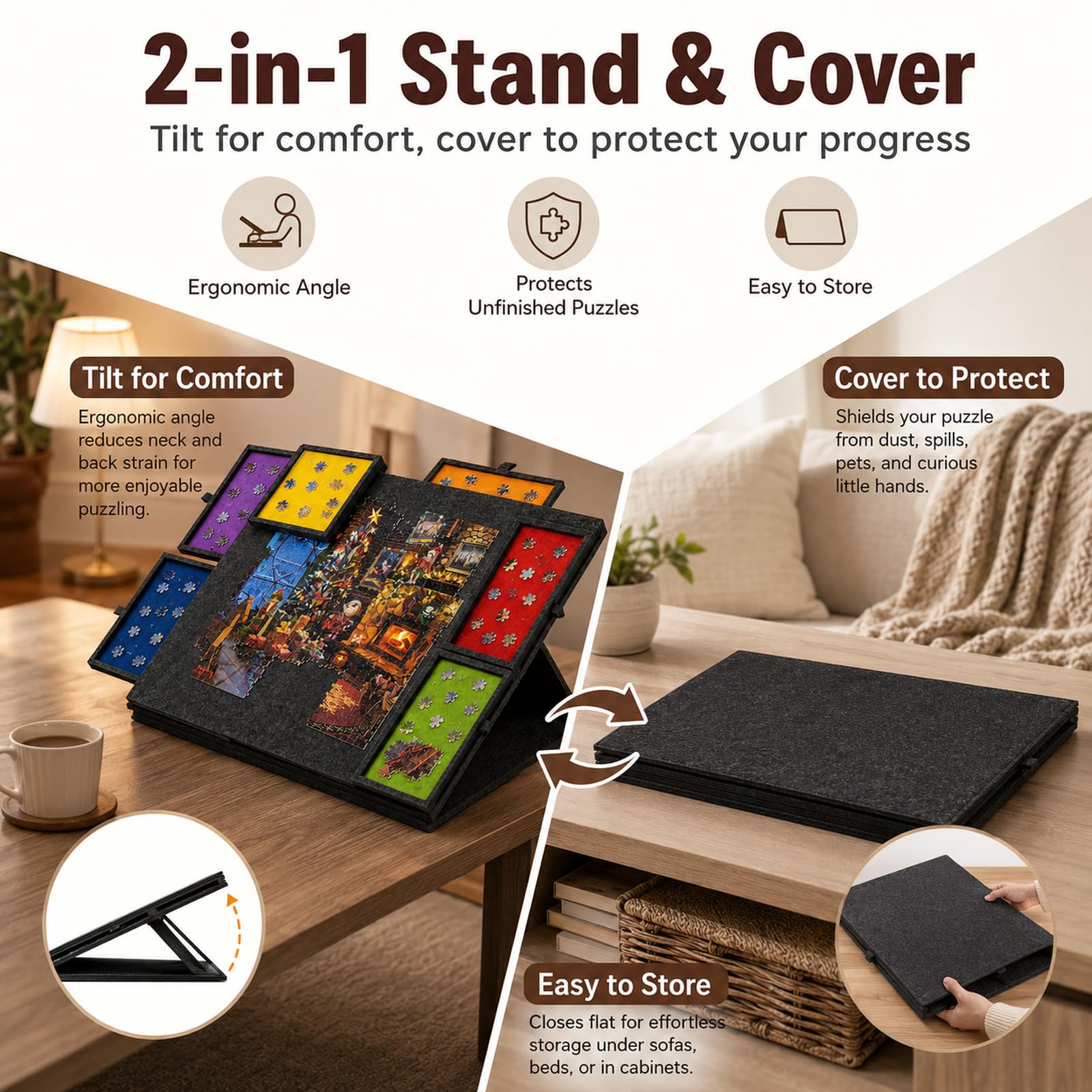 Plateau de Puzzle inclinable, 1000 pièces, 6 tiroirs, Couvercle | Support 2-en-1, surface en feutre ultralégère, rangement par couleurs, transport facile, pour adultes