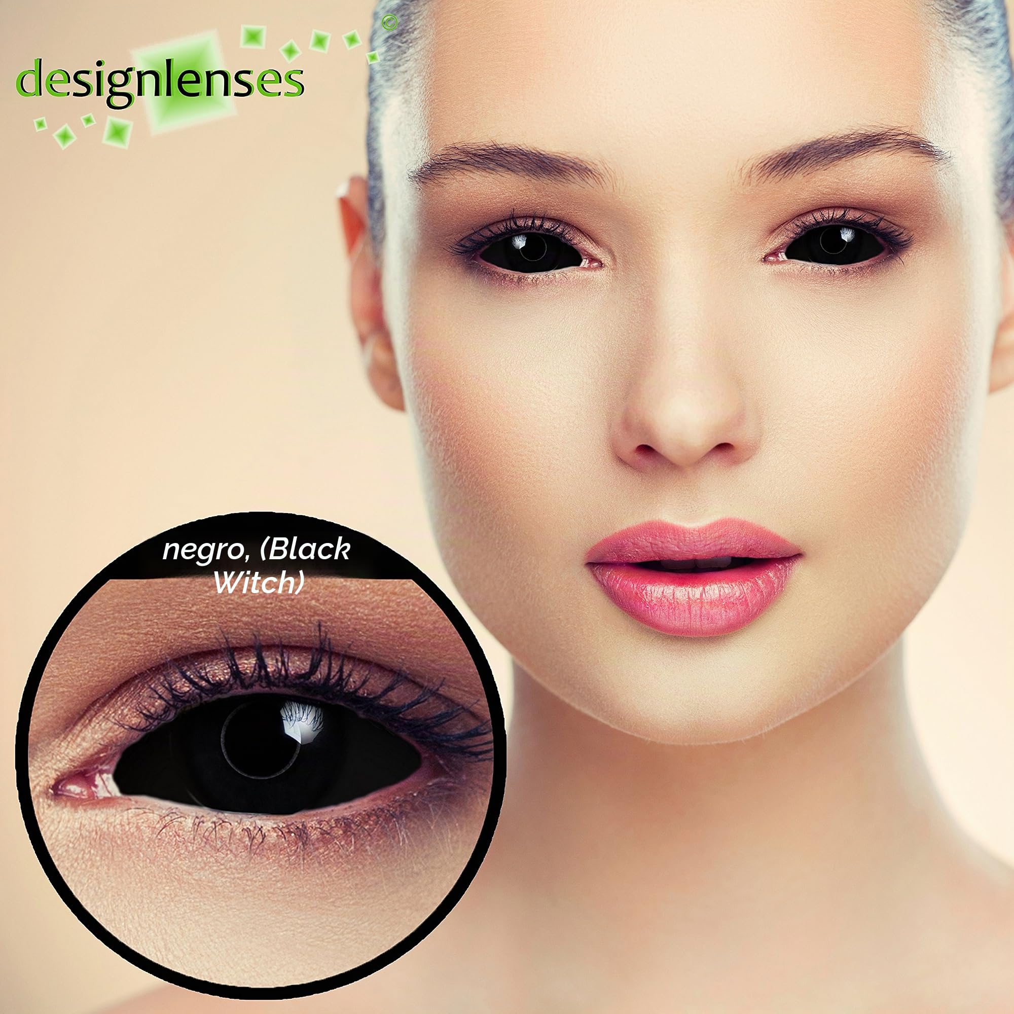 Dos lentillas de color negro totalmente para Halloween zombie disfraz, 1 par/2 pzs, 22mm diámetro, sin graduación + caso de lente „Black Witch"