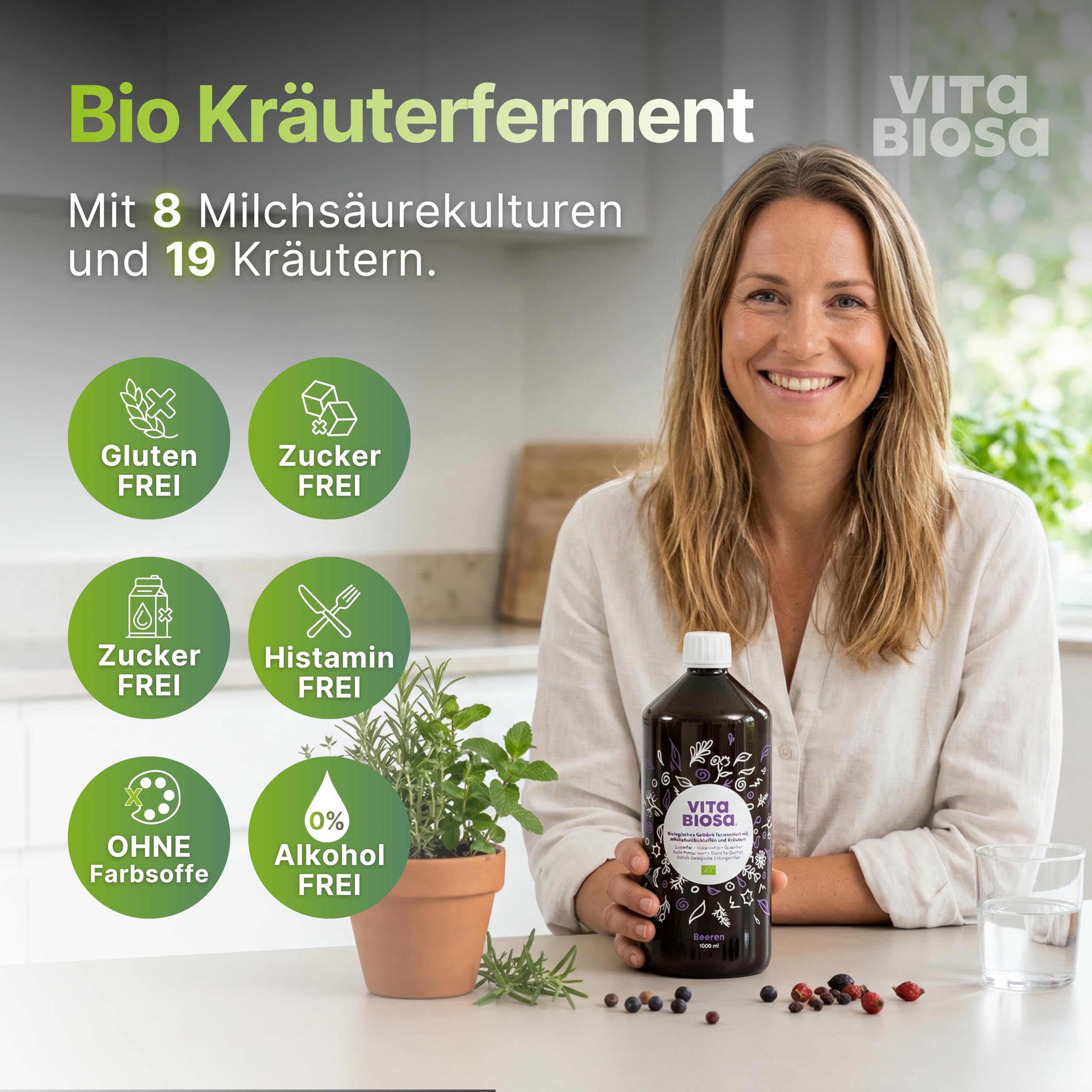 Vita Biosa Beeren Bio Fermentgetränk 1 L – süß-saure Variante mit Aronia, Johannisbeere und Heidelbeere – Milchsäurekulturen - 19 Kräutern – vegan, zuckerfrei, laktosefrei, Bio-Qualität