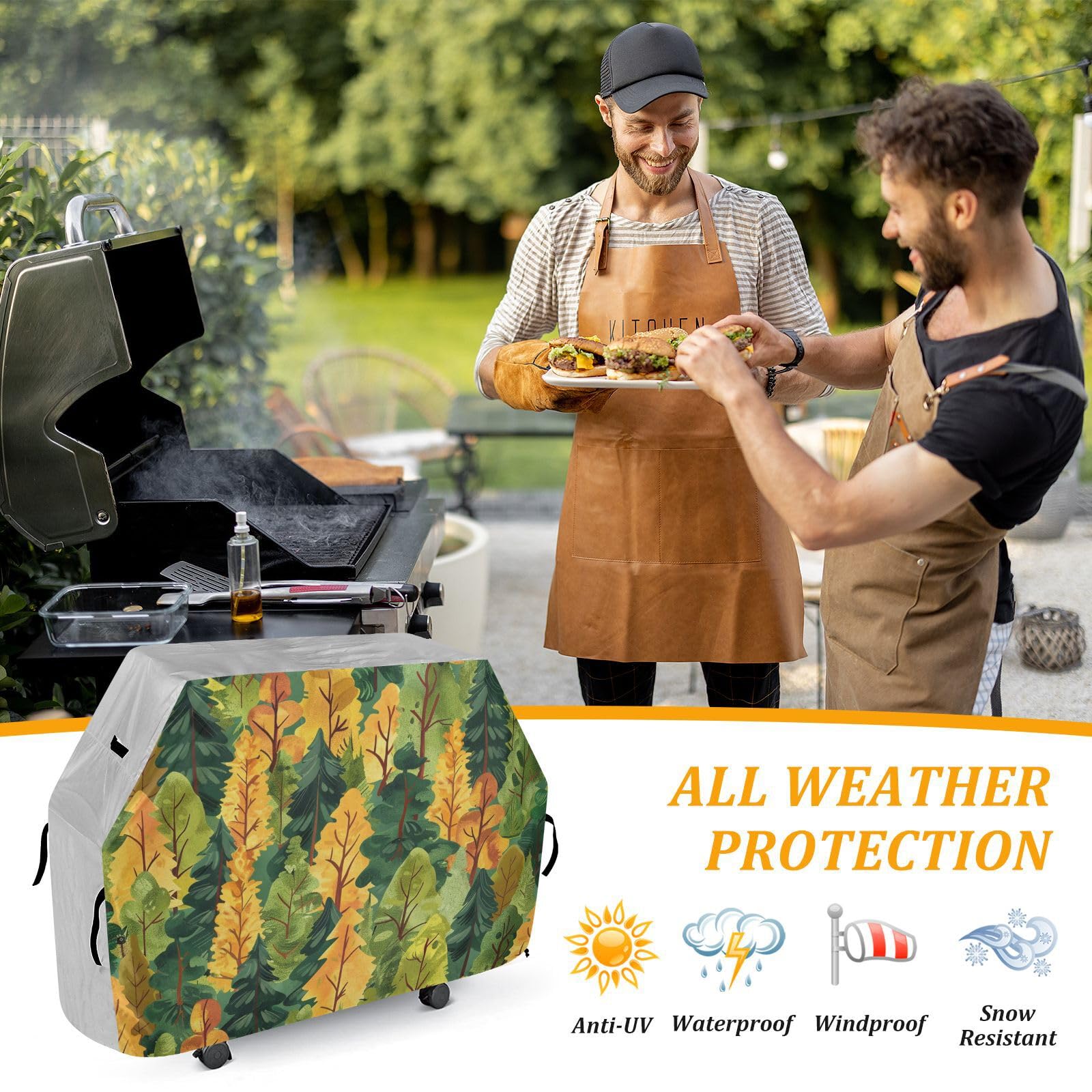 Forests zielony żółty safari pokrowiec na grilla na patio 150 cm, wodoodporny, wytrzymały, odporny na blaknięcie i promieniowanie UV, pokrowce na wędzarnie z regulowanym sznurkiem, ochrona przed
