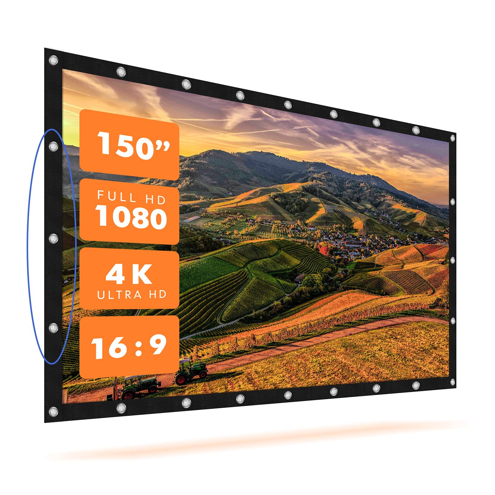 Photo 1 of Krossgain Movies Screen 150 inch Portable Projector Screens Anti-Crease 16:9 4K HD Projection Screen for Home Theater Film Indoor Outdoor Use