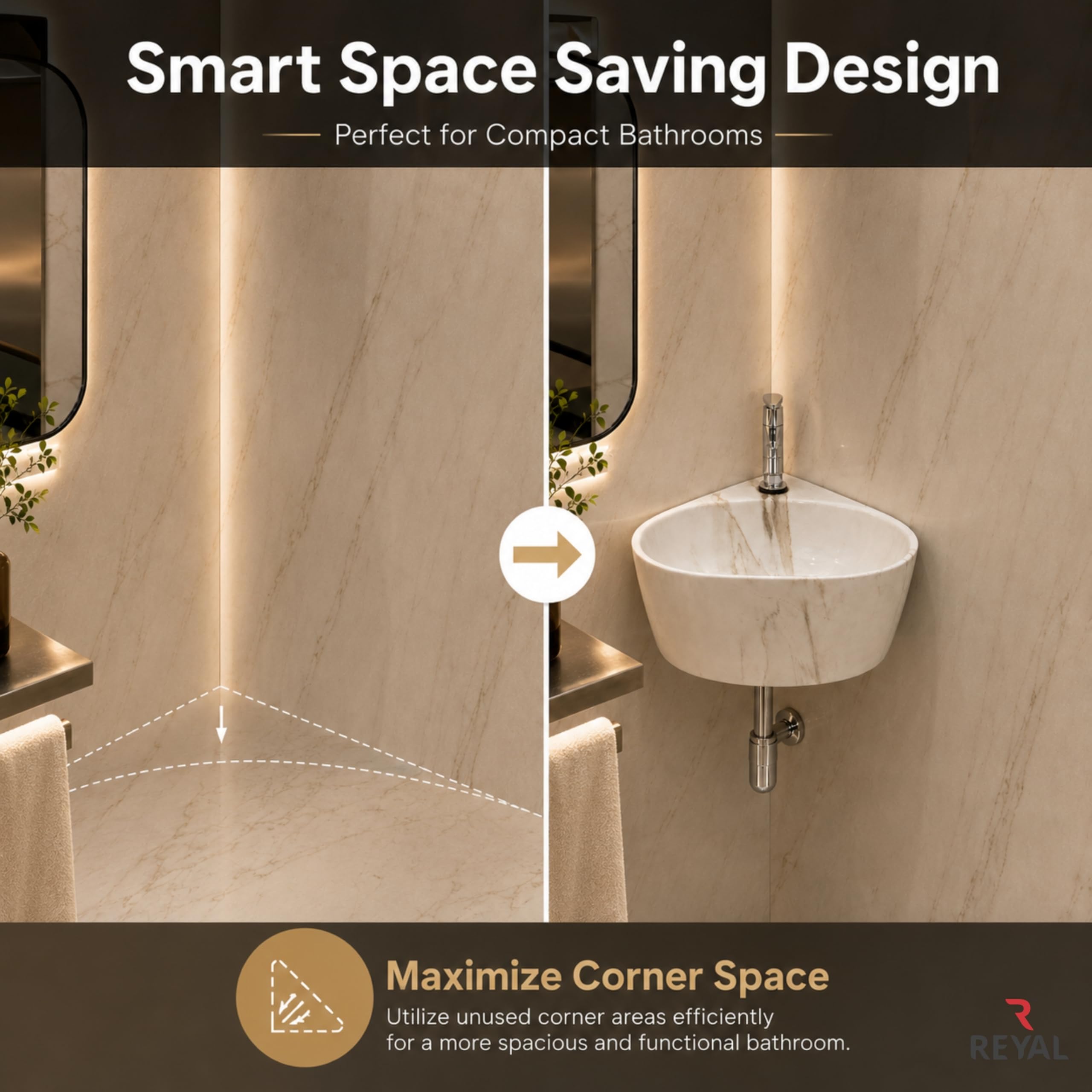 Reyal Corner Sink - Space-Saving Ceramic Wash Basin -3 Reyal Corner Sink - Space-Saving Ceramic Wash Basin -3