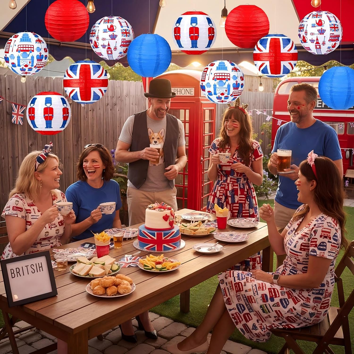 Panelee 12 Pcs British Party Decoration Britain UK England Flag Theme Hanging Paper Lanterns with London Double Decker Bus Telephone Booth Lanterns Decorative for Hanging Coronation Party Decor