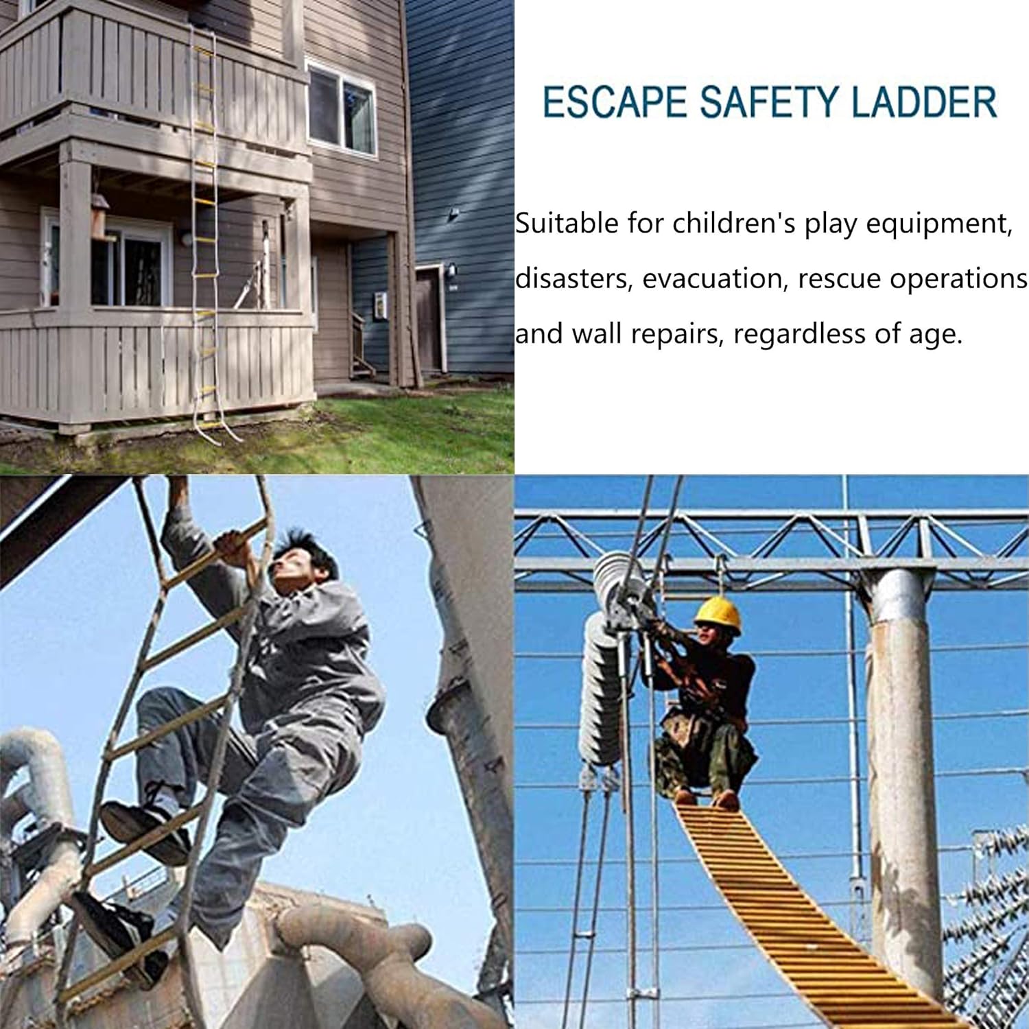 Emergency Fire Escape Ladder Flame Resistant Safety Rope Ladder with Hooks Fast to Deploy & Easy to Use Compact & Easy to Store Withstand Weight up to 2000 pounds (2 Story 16FT) - - 