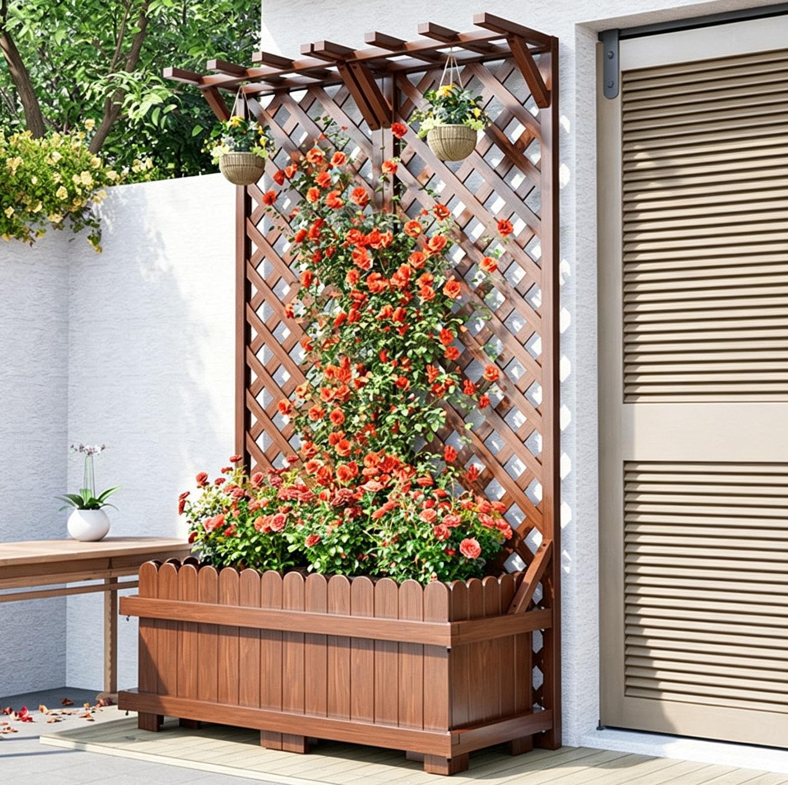 Jardinera Vertical de Celosía de Diamante Con Enrejado, Soporte for Plantas Trepadoras Montado en La Pared de Alta Resistencia, Marco de Madera Maciza Engrosada(39.4x11.8x70.9in,Top)