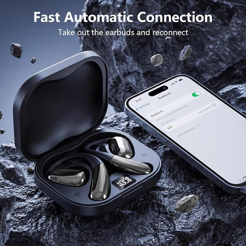 Open Ear Clip Wireless Earbuds Bone Conduction Headphones, Bluetooth 5.4, Open Ear Design for Running Fitness,Office，Built-in Mic, IPX7 Waterproof, LED Display Charging Case,Ear Hooks Black image 7