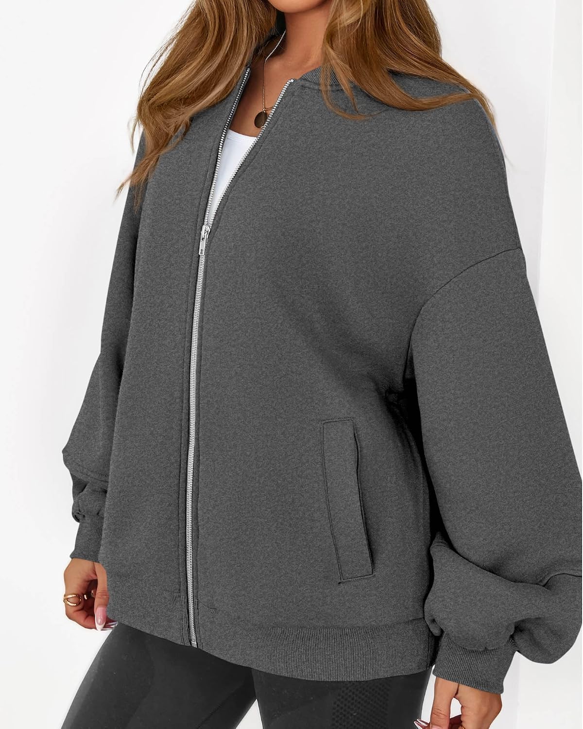  Oversized Sweatshirt for Women Zip Up Bomber Jacket | 2026 Fall Fashion Casual Jackets, Lantern Long Sleeve, Athletic Sweatshirt Cardigan, Outerwear with Pockets, Winter Outfits thumbnail