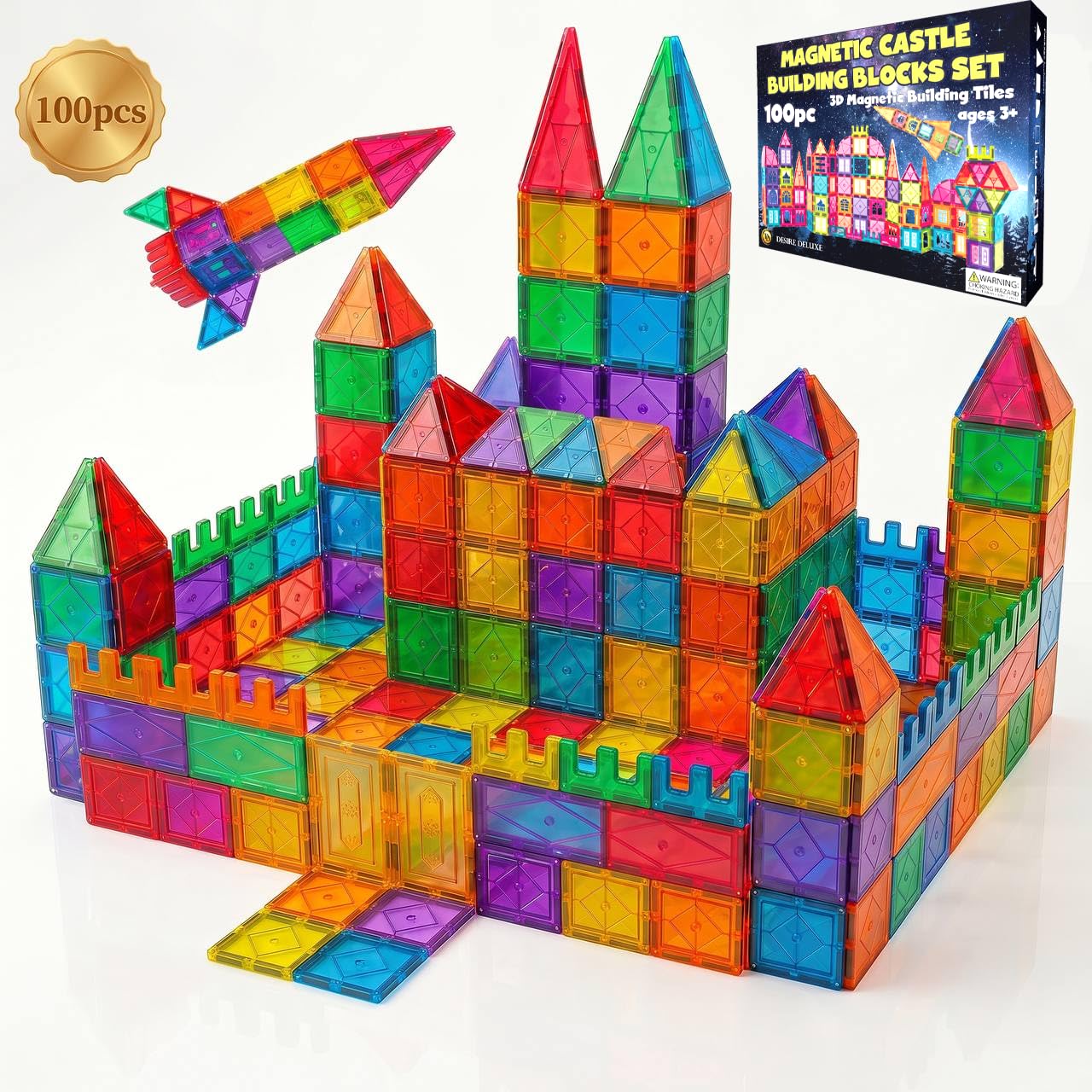 Desire Deluxe Giochi di costruzione magnetici – 100 PCS Piastrelle e Blocchi Magnetici Bambini, Giocattolo Educativo STEM 3+ anni, Set Creativi per Costruire, Apprendimento Forme & Colori