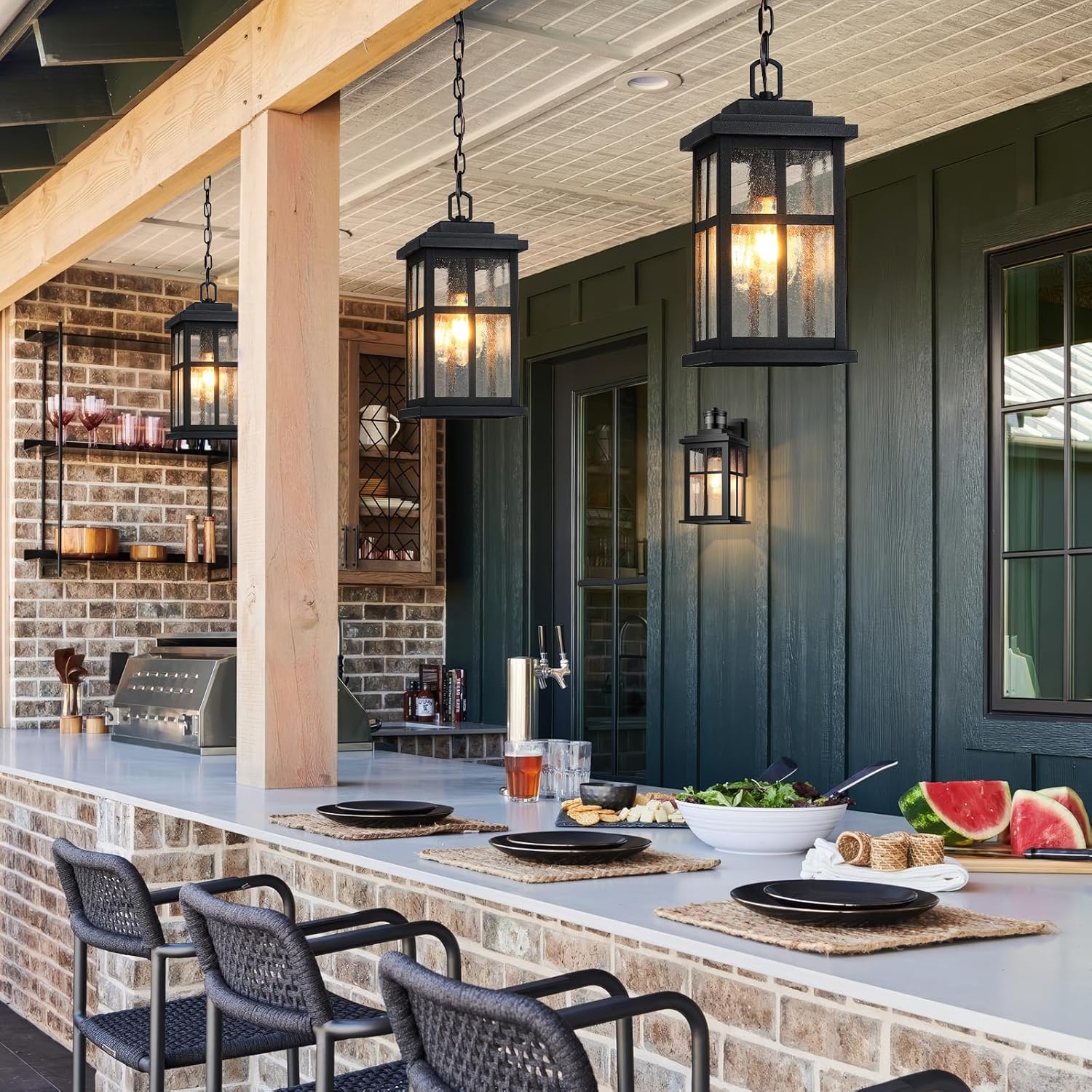 VIANIS Large Outdoor Pendant Light Fixtures, Modern Black Exterior Chandelier for Porch with Adjustable Chain, Die-cast Aluminum Waterproof Hanging Porch Light for Doorway with Tempered Seed Glass