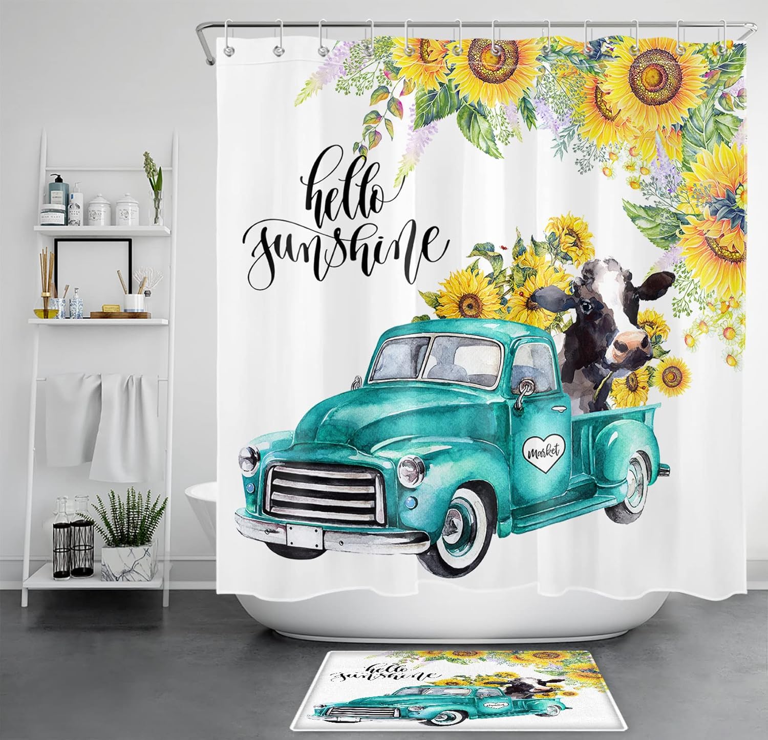 Sunflower Shower Curtain Farmhouse Cow Yellow Flower in Teal Vintage Truck Shower Curtains Botanical Plant Waterproof Shower Curtain Fabric Set for Bathroom with Rug and 12pcs Hooks,70x70 inch
