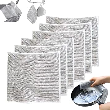 Multipurpose Wire Dishwashing Rags for Wet and Dry,Multifunctional Non-Scratch Wire Dishcloth,Reusable Kitchen Scourer Cloth, Machine Washable6Pcs