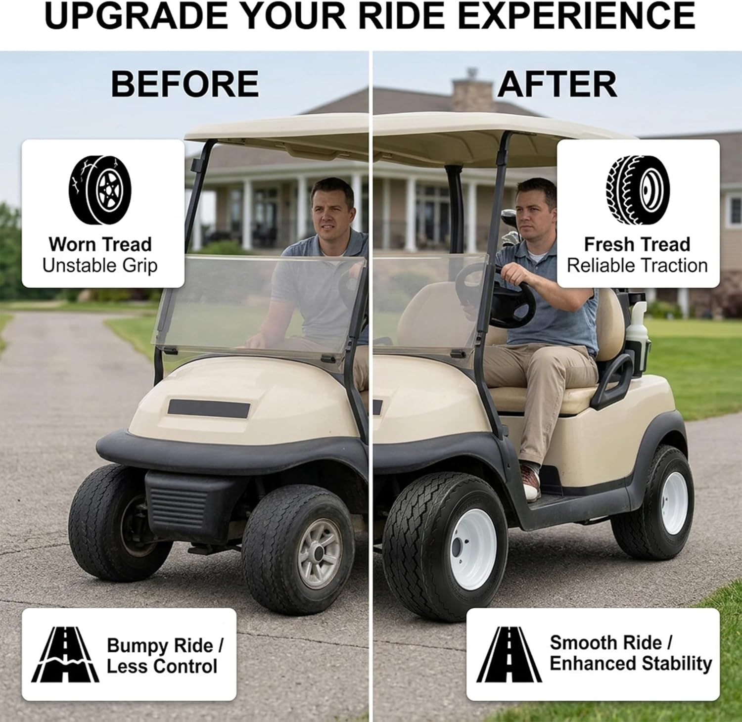 4-Pack 8 Inch 18X8.50-8 18/8.5-8 White Golf Cart 4 Lug Wheels Tires Fit Club Car, E-Z-GO, Yamaha - 2 YEAR WARRANTY