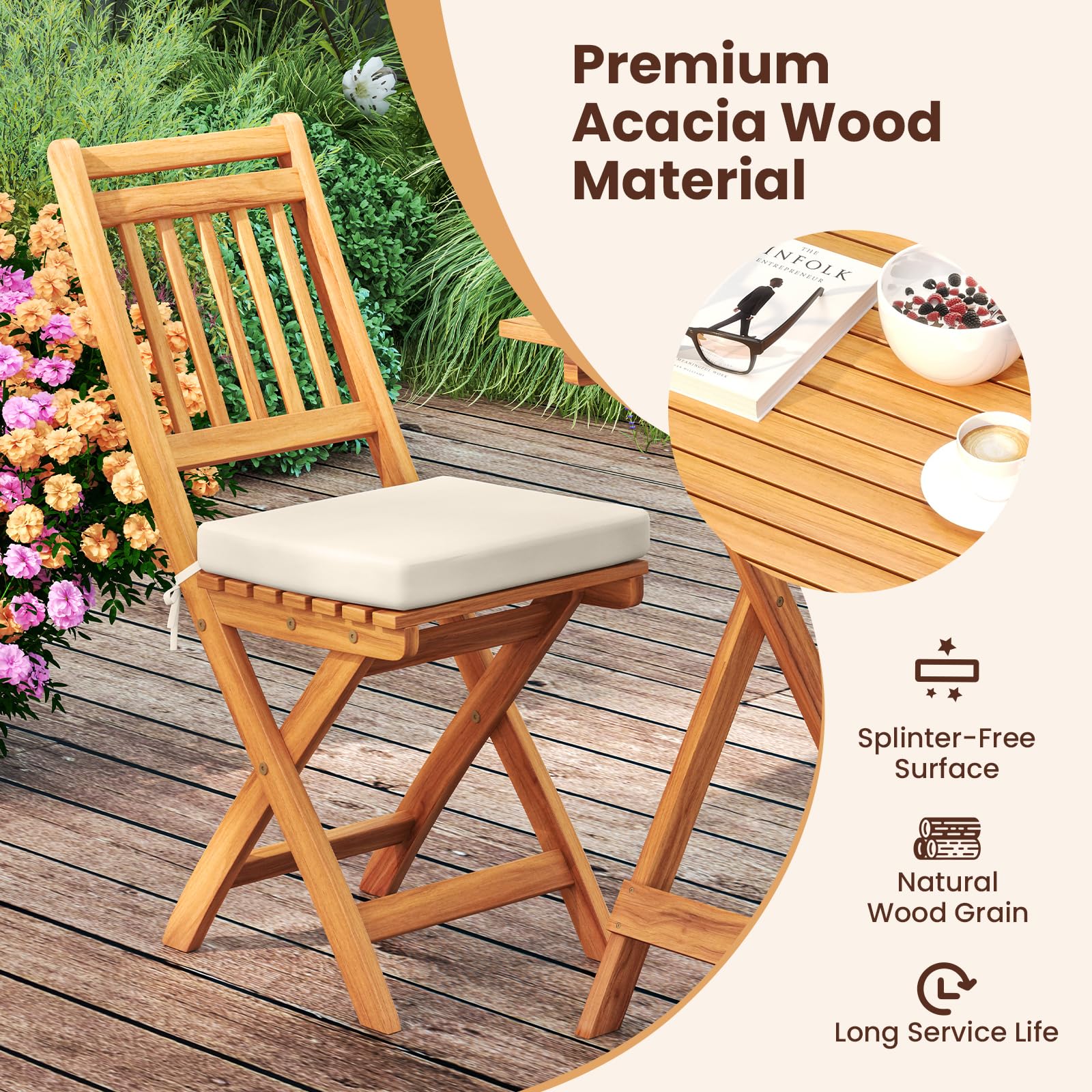 GIANTEX Juego de Bistró 3 Piezas Plegables, Mesa Cuadrada y 2 Sillas de Madera de Acacia con 2 Cojines de Asiento Desmontables, Conjunto de Muebles para Jardín, Balcón, Patio (Listones Verticales)