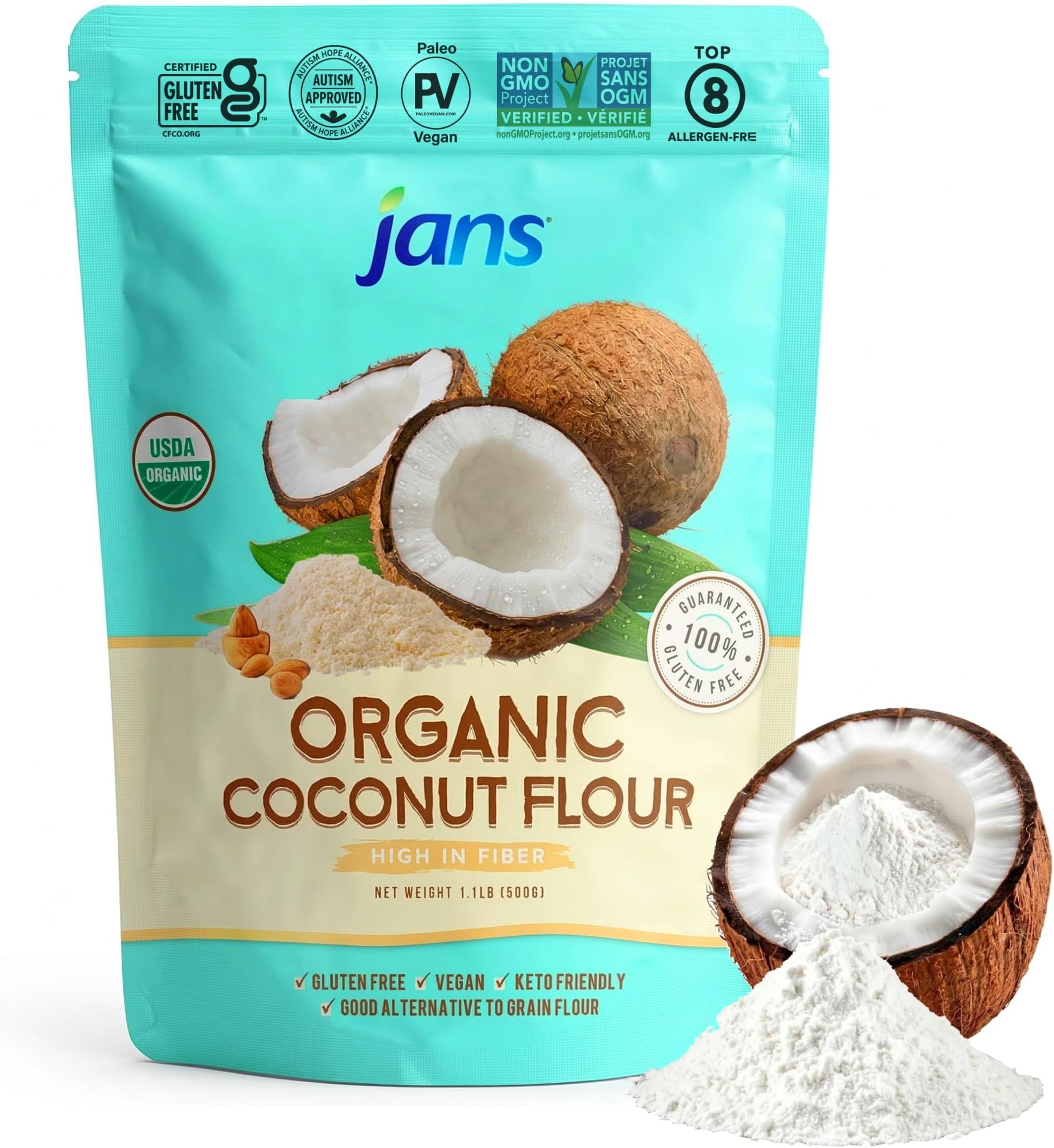 Jans Organic Coconut Flour 1.1lb | Gluten-Free | Certified Organic | Keto, Paleo, & Vegan Friendly | Flour Substitute for Low Carb | High Fiber | Unbleached & Unrefined (1 Pack)