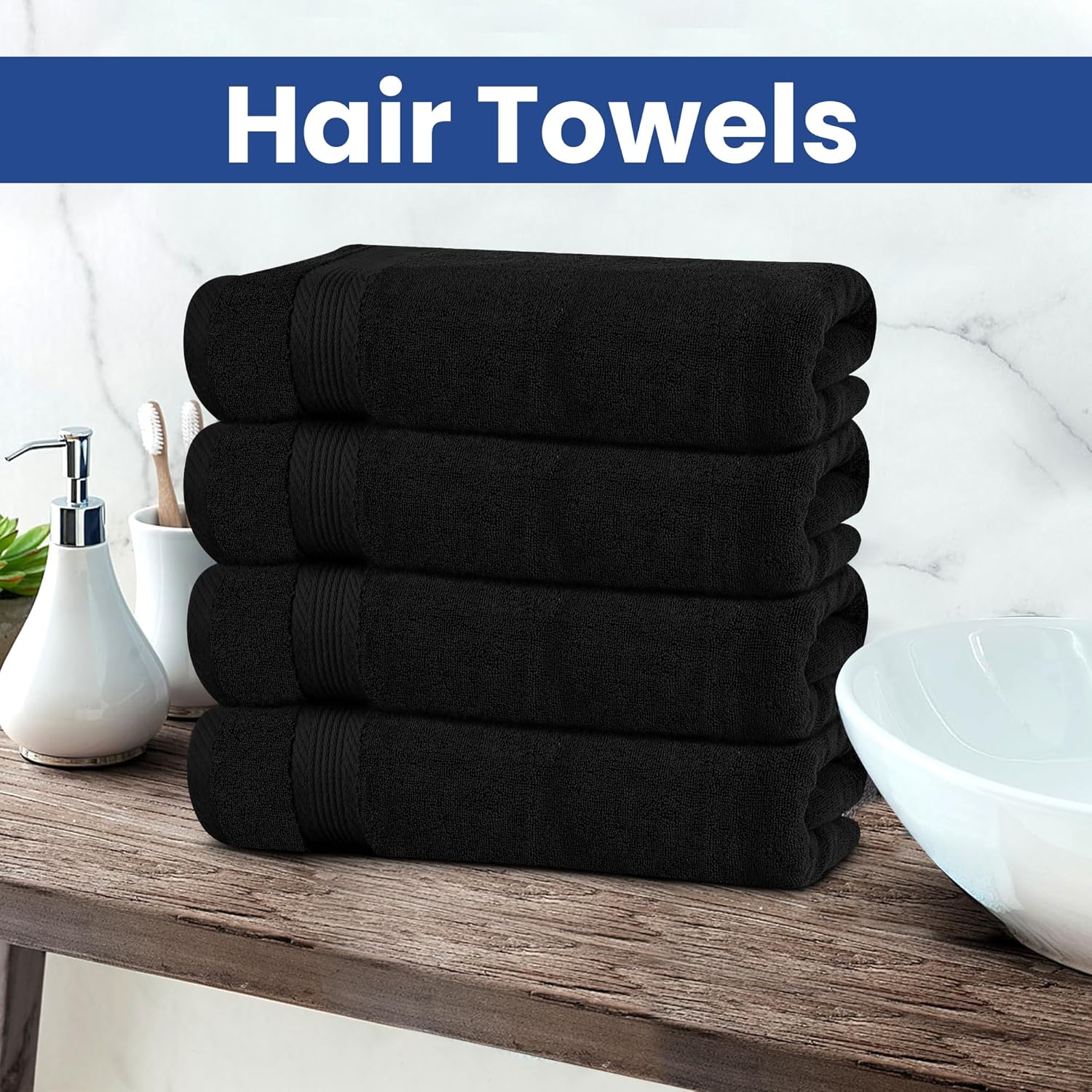 Linteum Textile Supply Luxury Hair Towels 100% Ring Spun Cotton Bleach Proof Hair Towel for Women, Men, Kids | 20x40 inches Quick Dry Towels for Gym, Beauty, Spa, Salon | Pack of 6 | Black