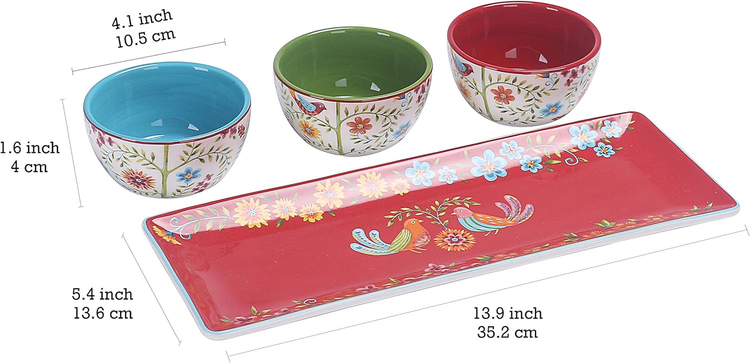 Bico Red Spring Bird Ceramic Dipping Bowl Set (9oz bowls with 14 inch platter), for Sauce, Nachos, Snacks, Microwave & Dishwasher Safe