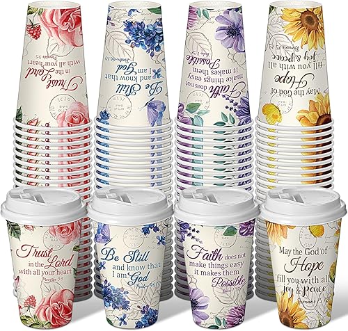 Dandat 100 tazas de café cristianas florales con tapas, tazas de té florales de papel de 16 onzas, vasos desechables a granel con versículos