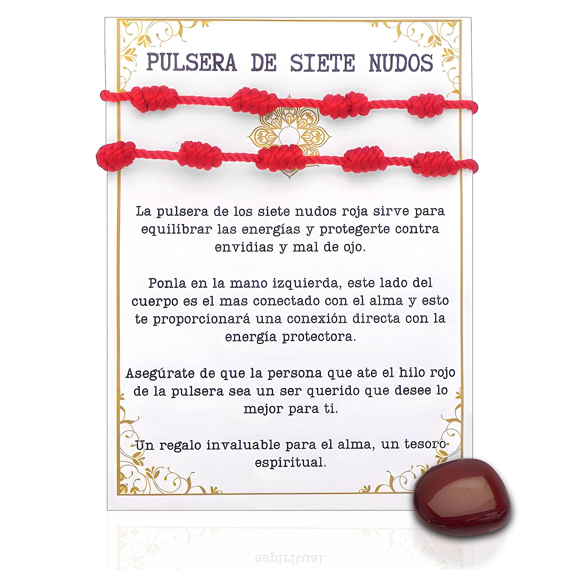 ADEGO 2 Pulsera 7 Nudos Roja + Piedra Natural Sorpresa - Pulsera Mal de Ojo Unisex, Pulseras de hilo - Amuleto para Atraer la Buena Suerte y Brindar Protección - Pulsera para Parejas (Pulsera)
