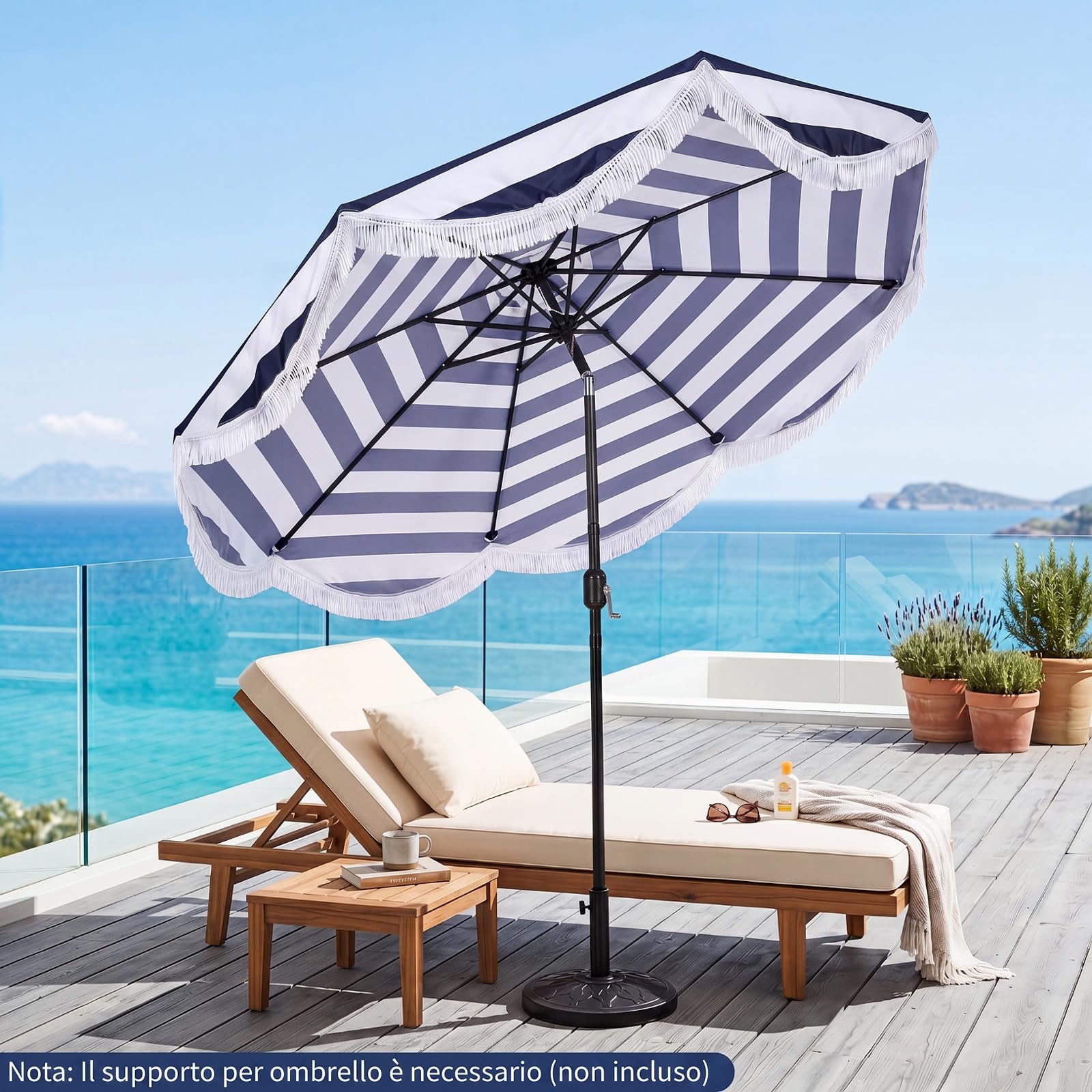 COSTWAY Ombrellone da Giardino 270 cm con Inclinazione 30° e Manovella | Ombrellone da Spiaggia Decorazione a Frangia, 8 Stecche, Protezione Solare, per Spiaggia, Terrazzo e Piscina