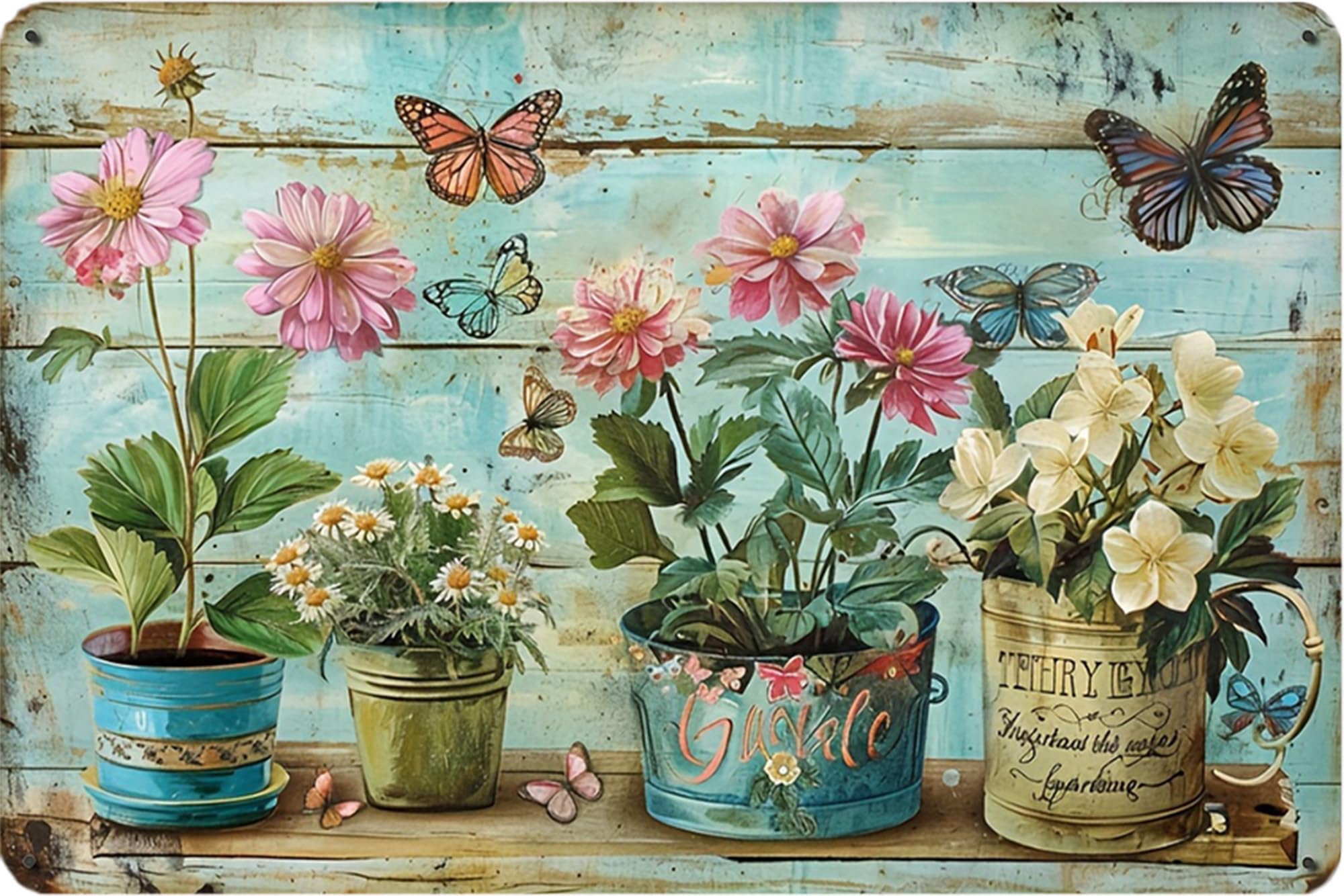 Nianxi Shabby Chic Potted Blooms Retro Flower Metal Sign,Vintage Garden Tin Sign,For Home Greenhouse Yard Outdoor Cottage Bedroom Decor,Gardening Gifts 8X12 Inch (Shabby Chic Potted Blooms)