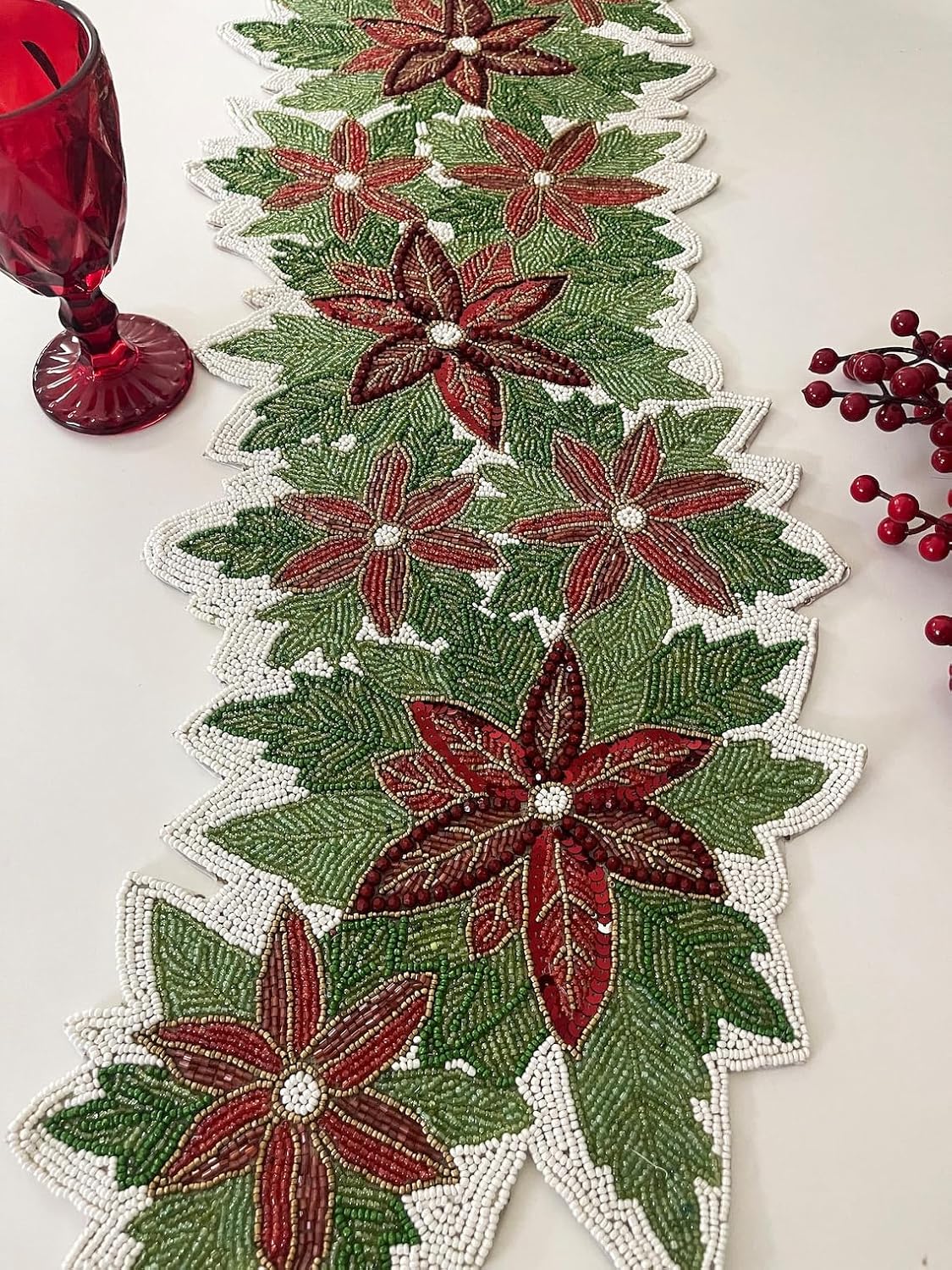 Enliven Christmas Handmade Table Runner, red and Green Floral Beaded Table Runner, Poinsettia Runner, 13x36inch
