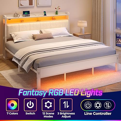 Miniatura 10 de Rolanstar Base de cama tamaño individual con estación de carga y luces LED, cabecera de piel sintética con estantes de almacenamiento, listones de