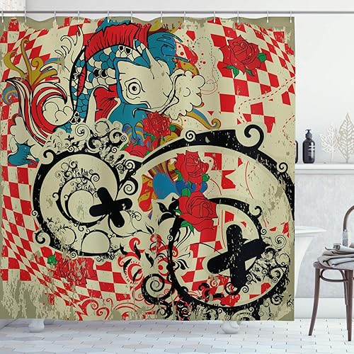 Ambesonne Cortina de ducha asiática, rosas románticas, Groovy Funk, estilo de arte abstracto, diseño retro de peces populares sobre fondo grunge,