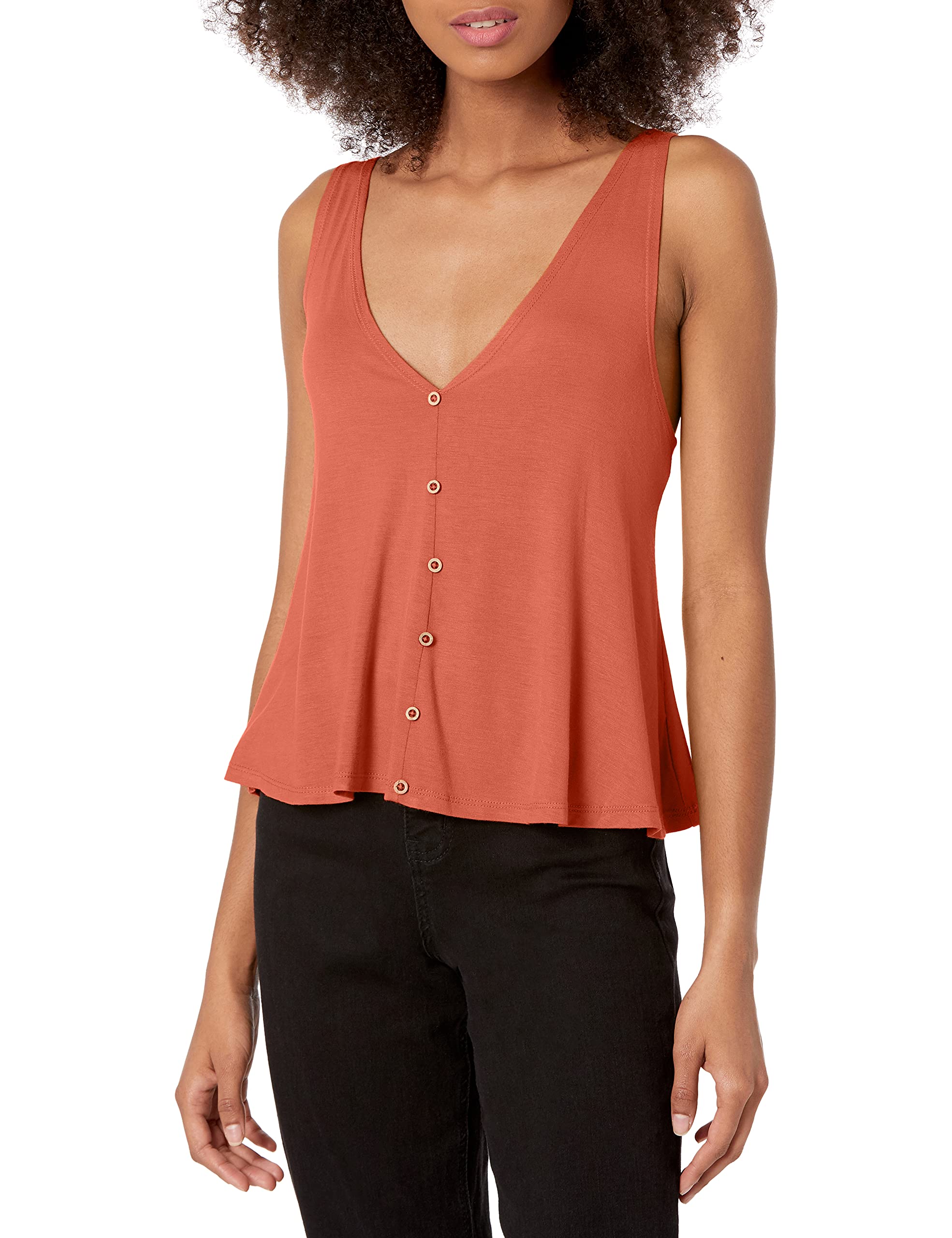 Angie Women's V-Neck Swing Tank with Button Center Front and Open Back