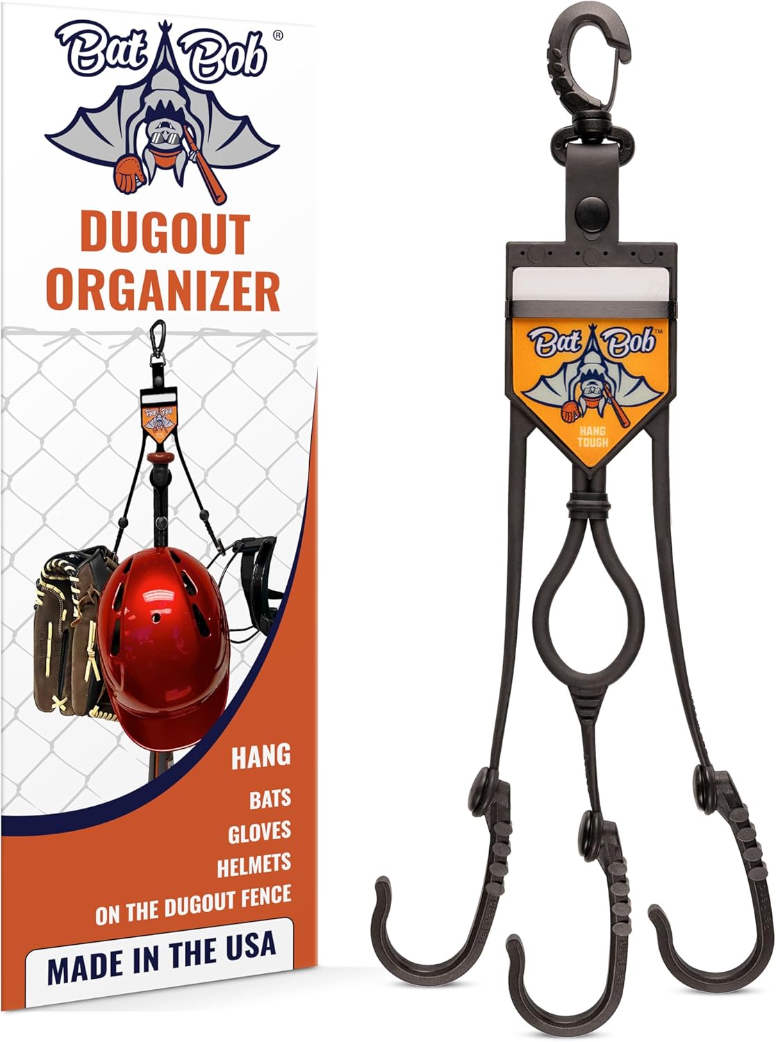BatBob Baseball Dugout Organizer, Helmet, Glove, Bat Holder Dugout Fence for Baseball & Softball, Single Bat Rack & Accessories Hanger, Bat and Helmet Organizer, Made in the USA
