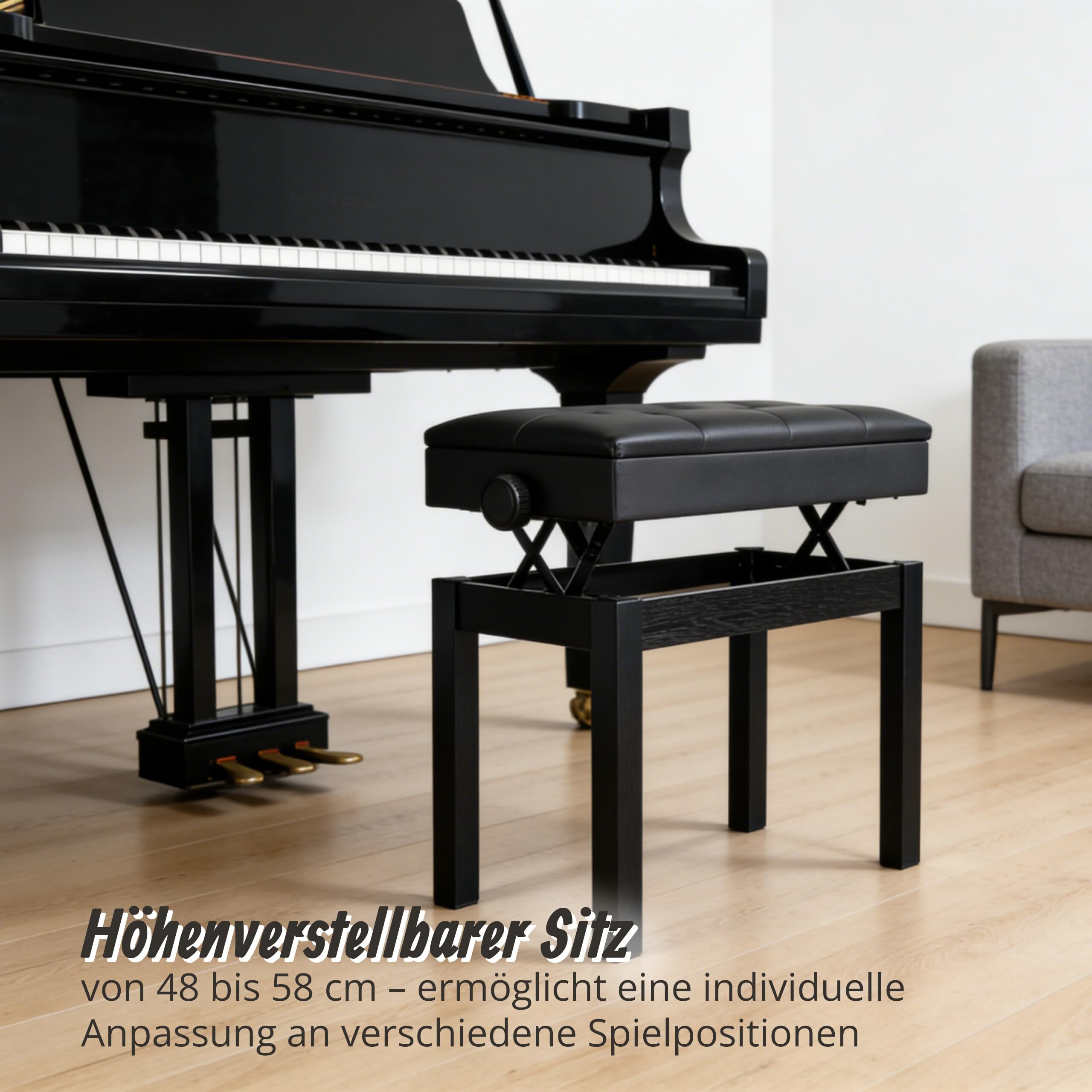 Relaxdays Klavierhocker, höhenverstellbar, schwarz | HxBxT: 48–58 x 55 x 33 cm, mit Stauraum, Holz, Kunstleder, Pianobank