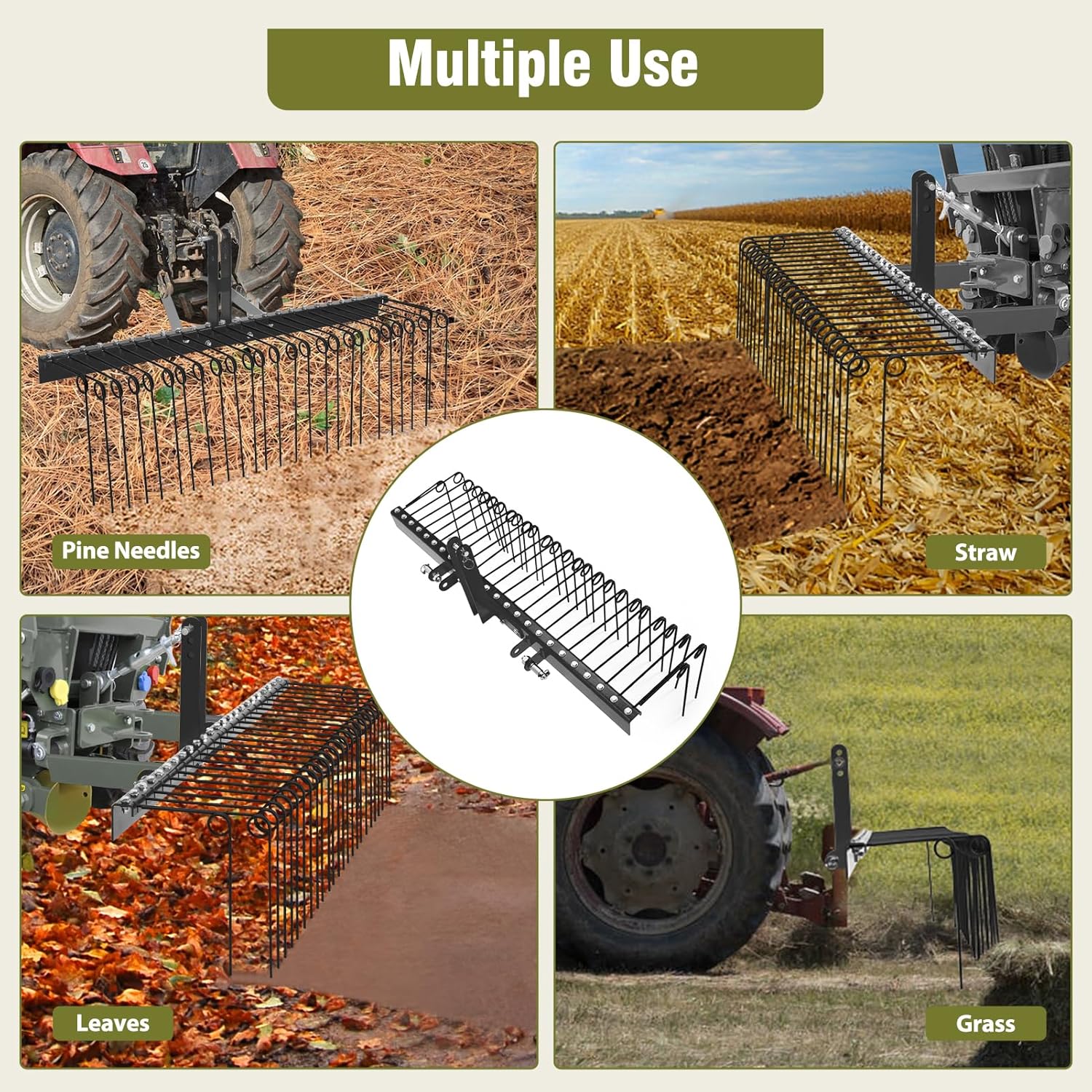 60 Inch Pine Straw Rake, 26 Coil Spring Tines Durable Powder Coated Steel Tow Behind Landscape Rake with 3 Point Hitch Receiver Attachment Fit to Cat0 Cat 1 Tractors for Leaves Grass, Black
