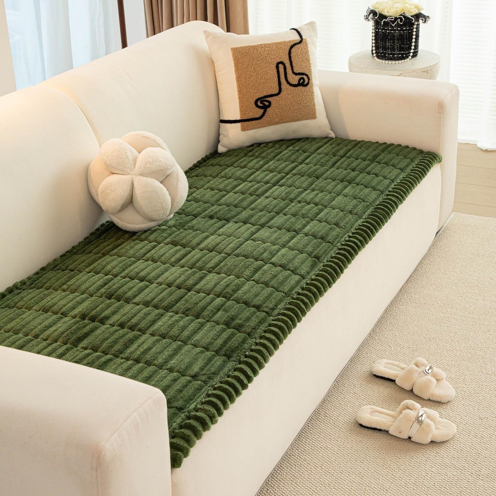 RAKKYOFD Soft Corduroy Sectional Sofa Cover 1 Piece Striped Couch Cover Super Washable Non Slip Sofa Slipcover Furniture Protector for Kid Dog Pet,(Dark Green,27"x27")