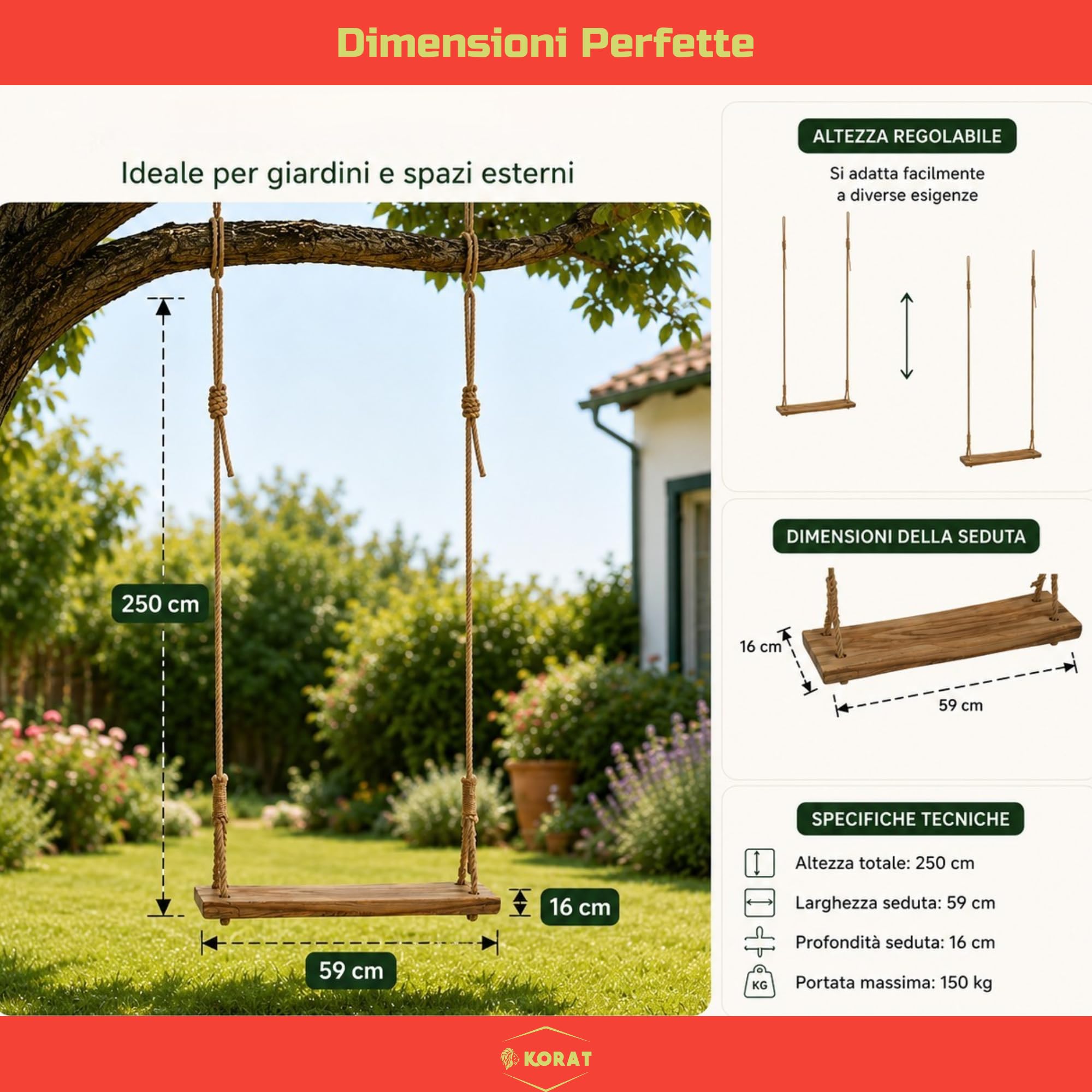 KORAT Altalena da Giardino in Legno con Corde in Juta Naturale – Altalena Sospesa per Bambini e Adulti – Seduta in Legno Massello 59x16 cm – Corde Regolabili fino a 250 cm – Portata Massima 150 kg