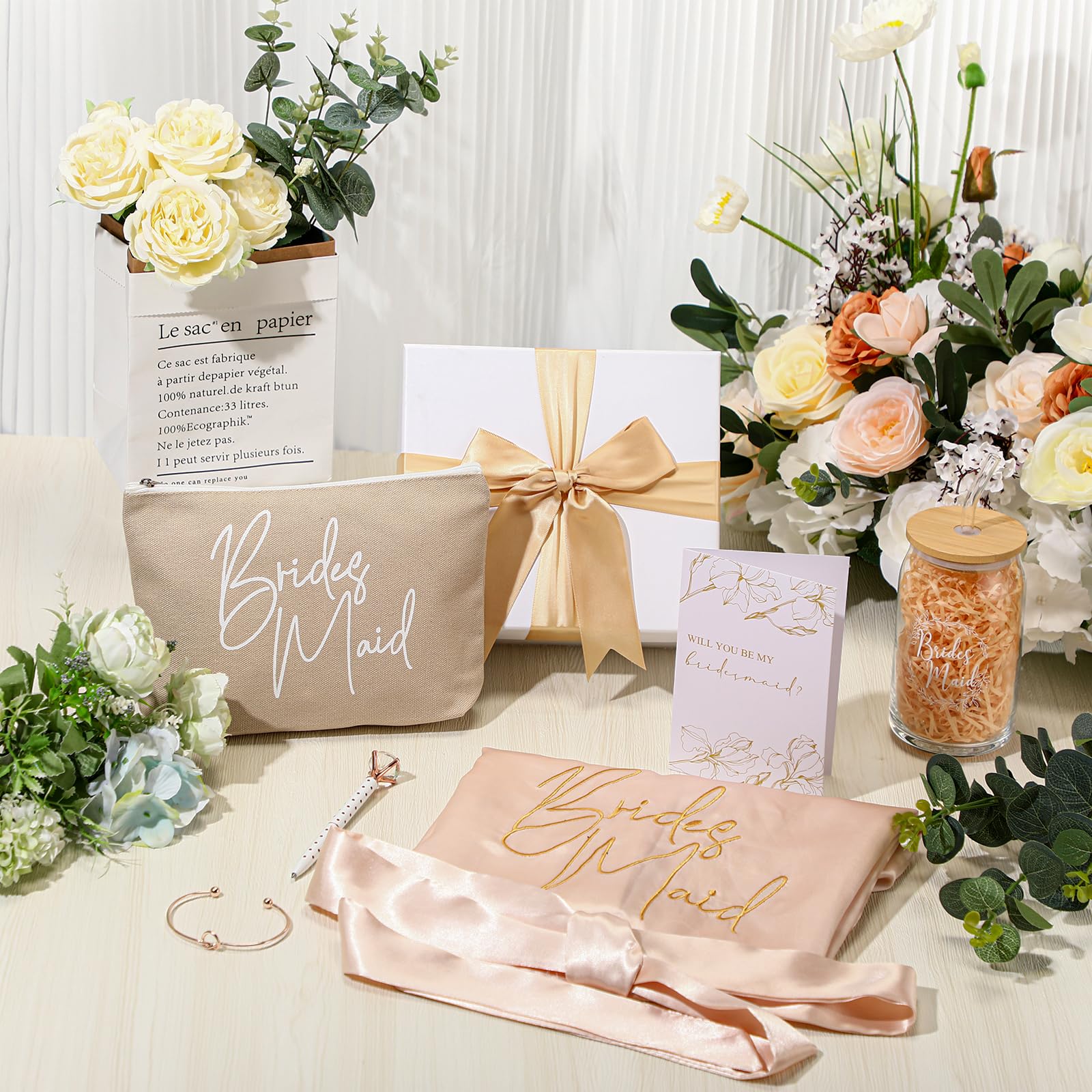 Irenare Bridesmaid Proposal Gifts Set Robes Makeup Bag Cup Cards Hair Tie Bracelet Diamond Pen Bridesmaid Gift Box(Champagne,8 Pcs)