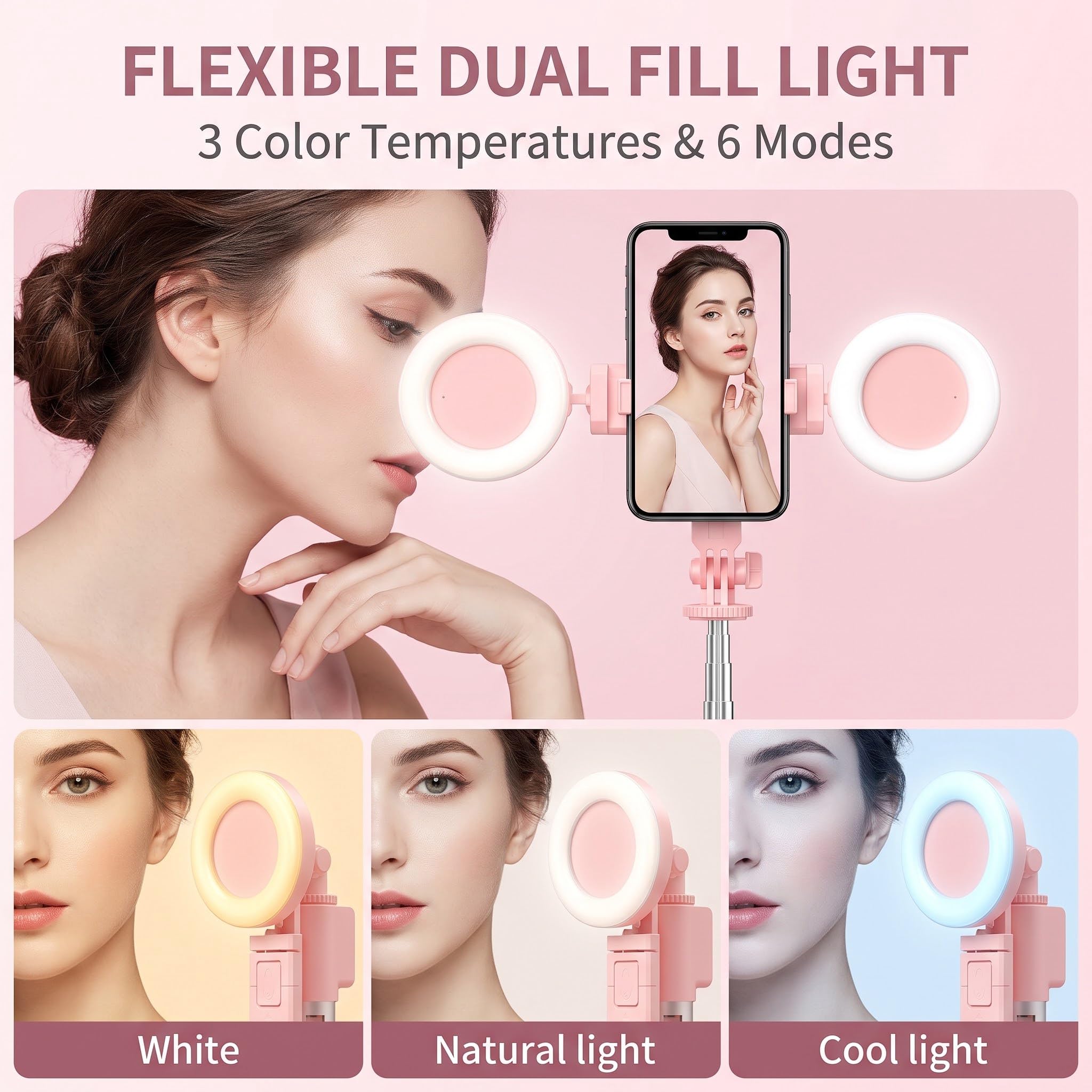1.7m Bastone Selfie Treppiede con Luce, Cavalletto Telefono per Registrazione Video Compatibile con iPhone e Android Smartphone, Tripod Selfie Stick per TikTok YouTube Rosa