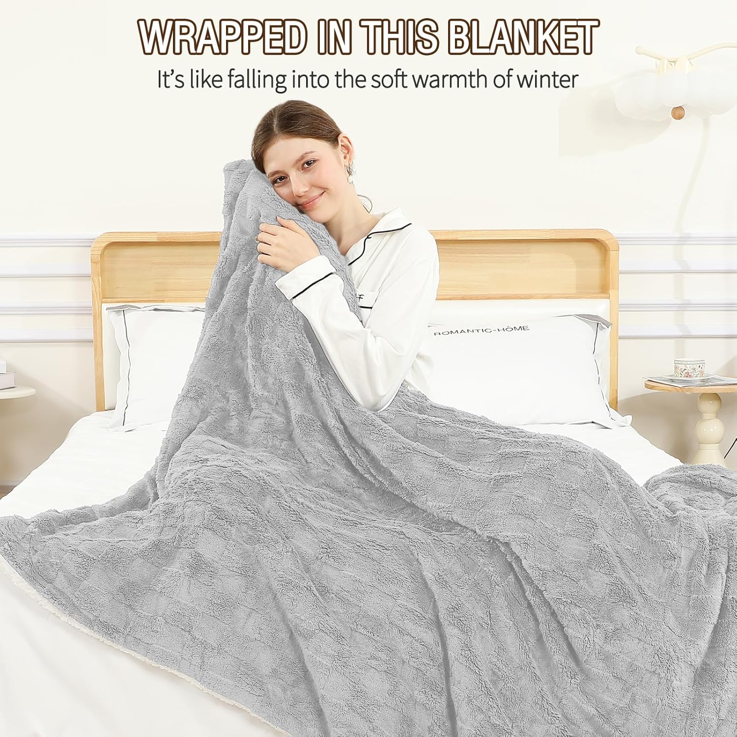 Electric Heating Blanket Throw size 50x60,Electric Blanket Checkered Weave-Wool Blend Heated Blanket,Rapid Heating 6 Temperature Settings 4-Hour Auto Shut-Off ETL Certified,Machine Washable,Light Gray - Image 7