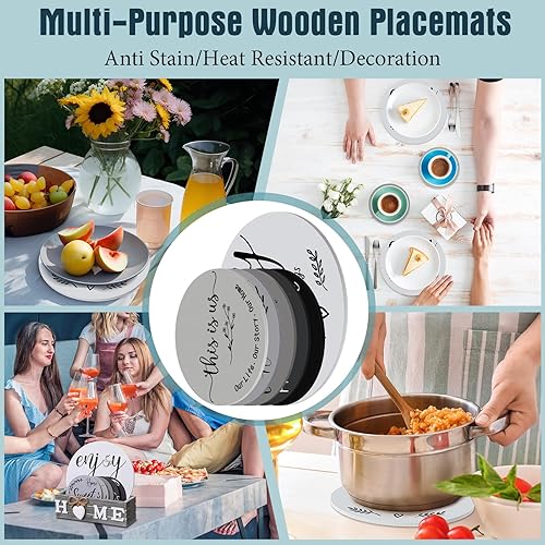 Miniatura 7 de Queekay Regalos de inauguración de la casa para el nuevo hogar, 5 posavasos de madera y 1 salvamanteles de granja para platos calientes, juego de