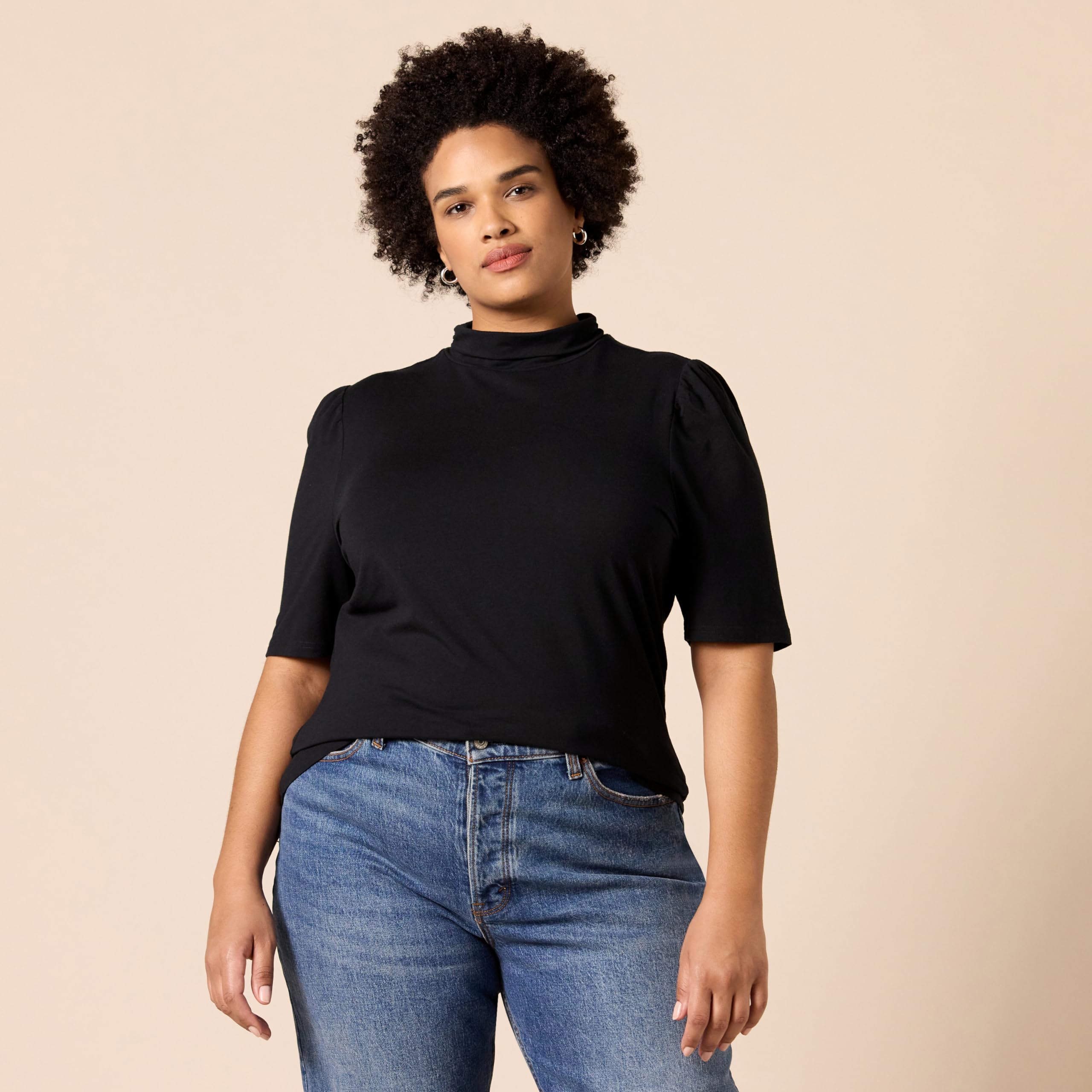 Amazon Essentials Women's Cotton Modal Draped Puff Sleeve Turtleneck