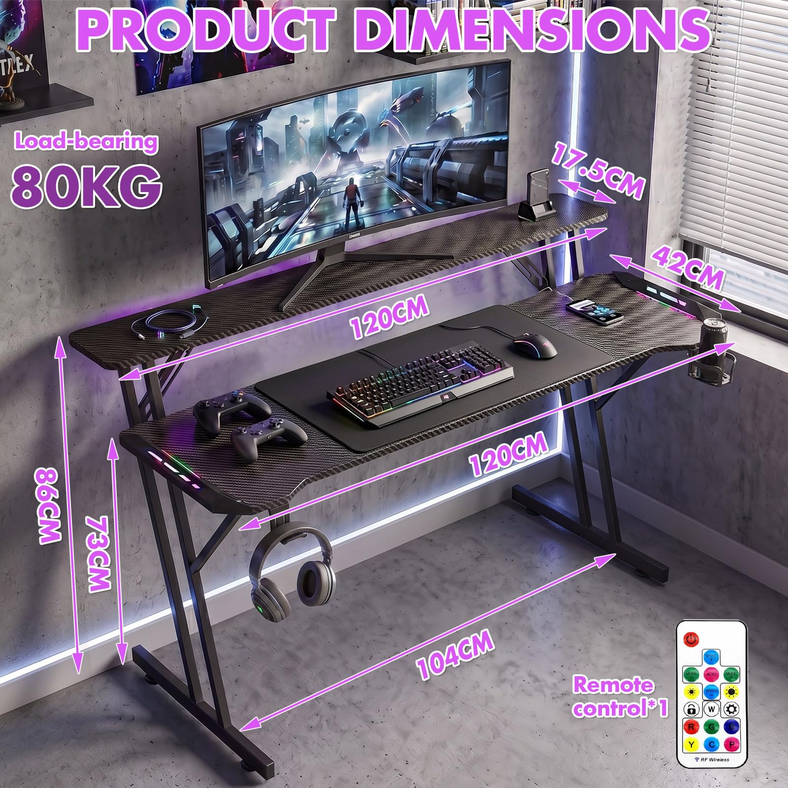 Verdego Gaming Tisch mit LED Beleuchtung, Monitorständer, PC Tisch 120 cm | Gaming Schreibtisch mit Getränkehalter, Kopfhörerhalter, Kohlefaseroberfläche, Computertisch für Streaming, Schwarz
