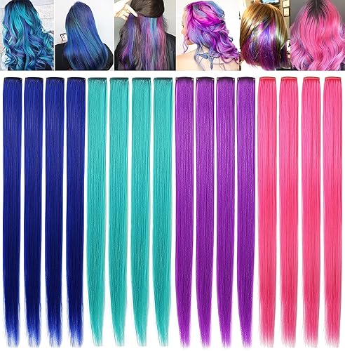 ZHAOWWEI 16 extensiones de cabello sintético de color princesa con reflejos para fiestas, multicolor, extensiones de cabello sintético con clip