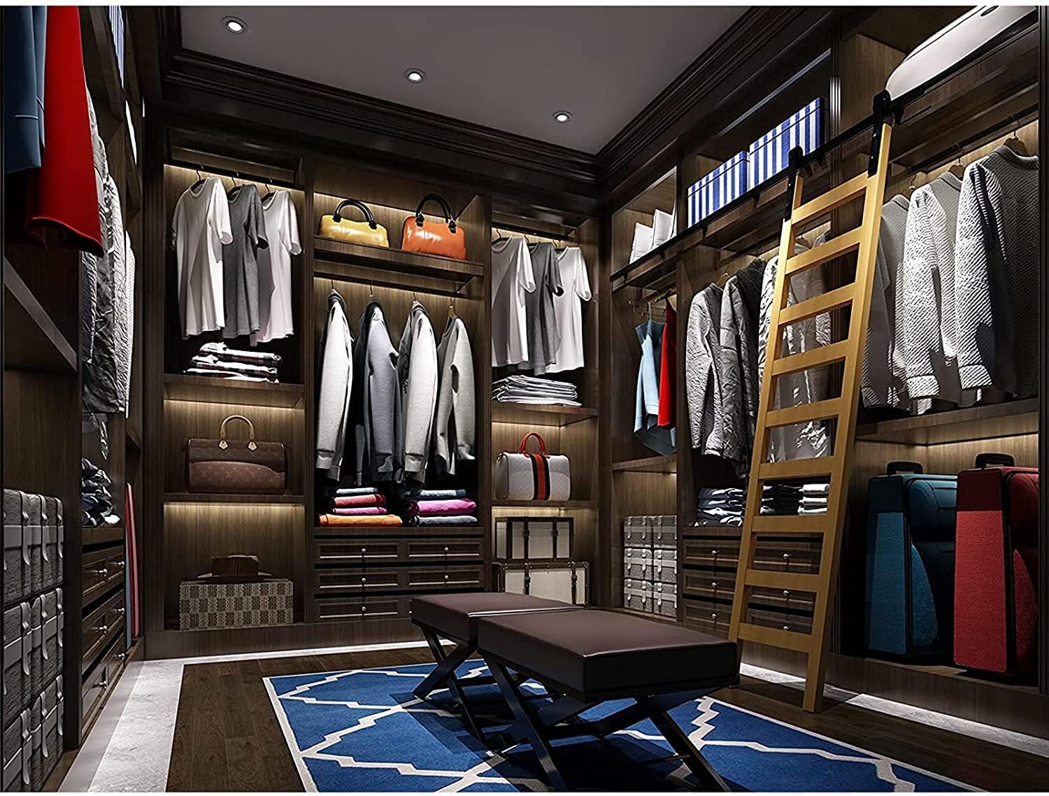 Easy to Install Rolling Library Ladder Hardware Kit Sliding Library Ladder Round Tube Rails, Barn Door Hardware Accessories, Mobile Ladder Rails with Wheels for Study/Attic/Living