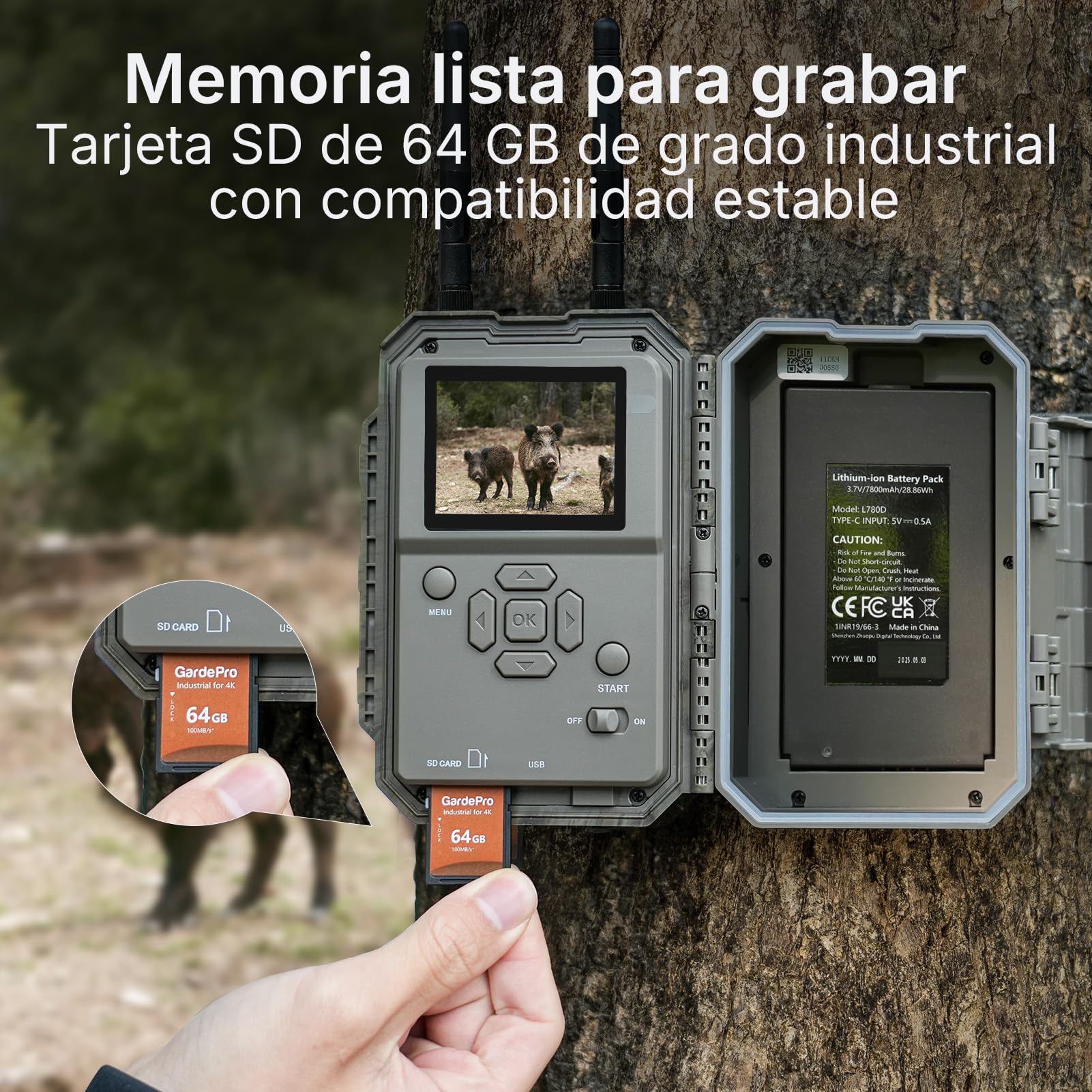 GardePro E6 2.0 Pro Camara Fototrampeo 4K WiFi, Batería de 7800 mAh y Tarjeta SD de 64 GB, Alcance Wi-Fi de 50 Metros, 64MP Cámara Caza, IP66 Cámara Fototrampeo con Envío al Móvil