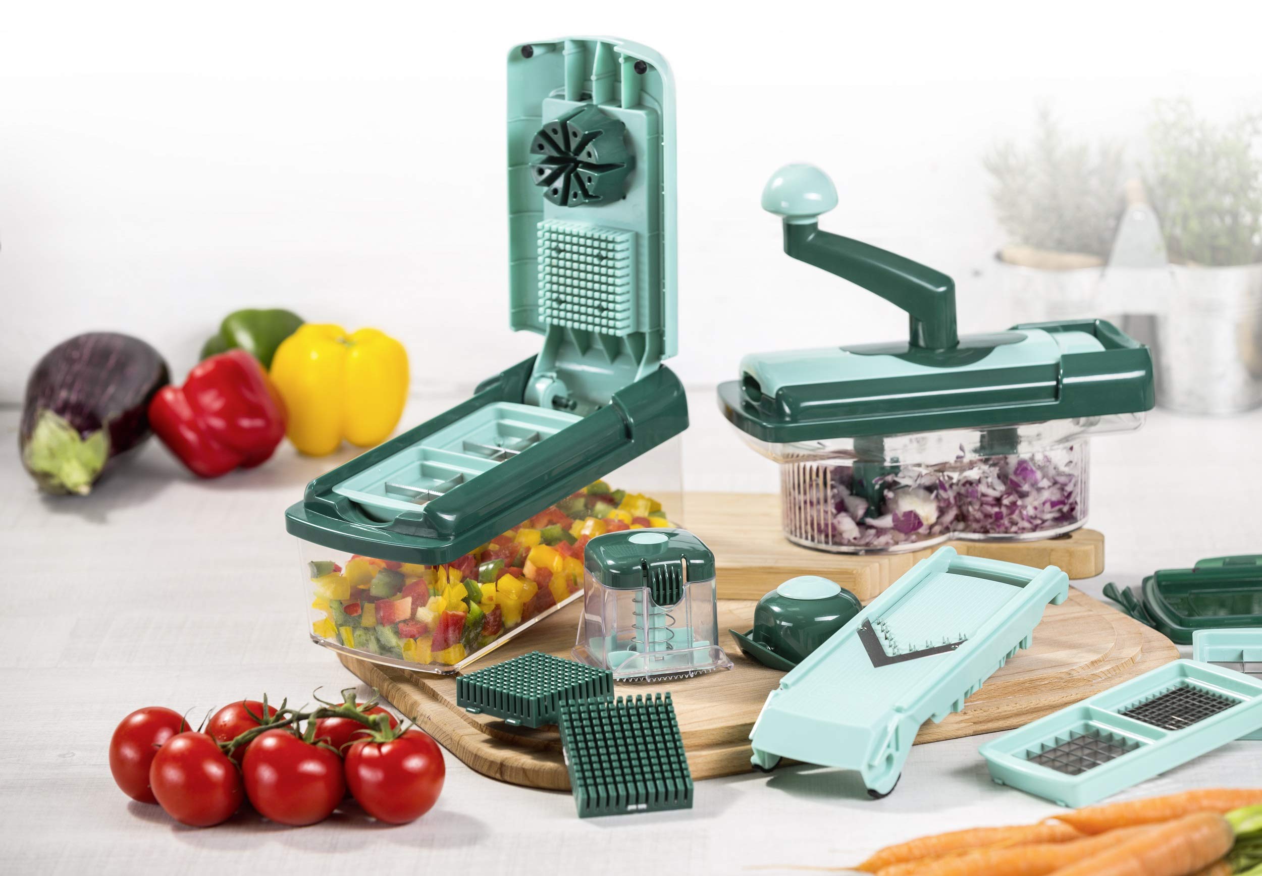 Genius Nicer Dicer Fusion Julietti | 34 Teile | Schneiden | Reiben | Julienne | Spiralen | Hobeln | Würfeln | Obst- und Gemüseschneider | Bekannt aus TV | NEU, Mintgrün
