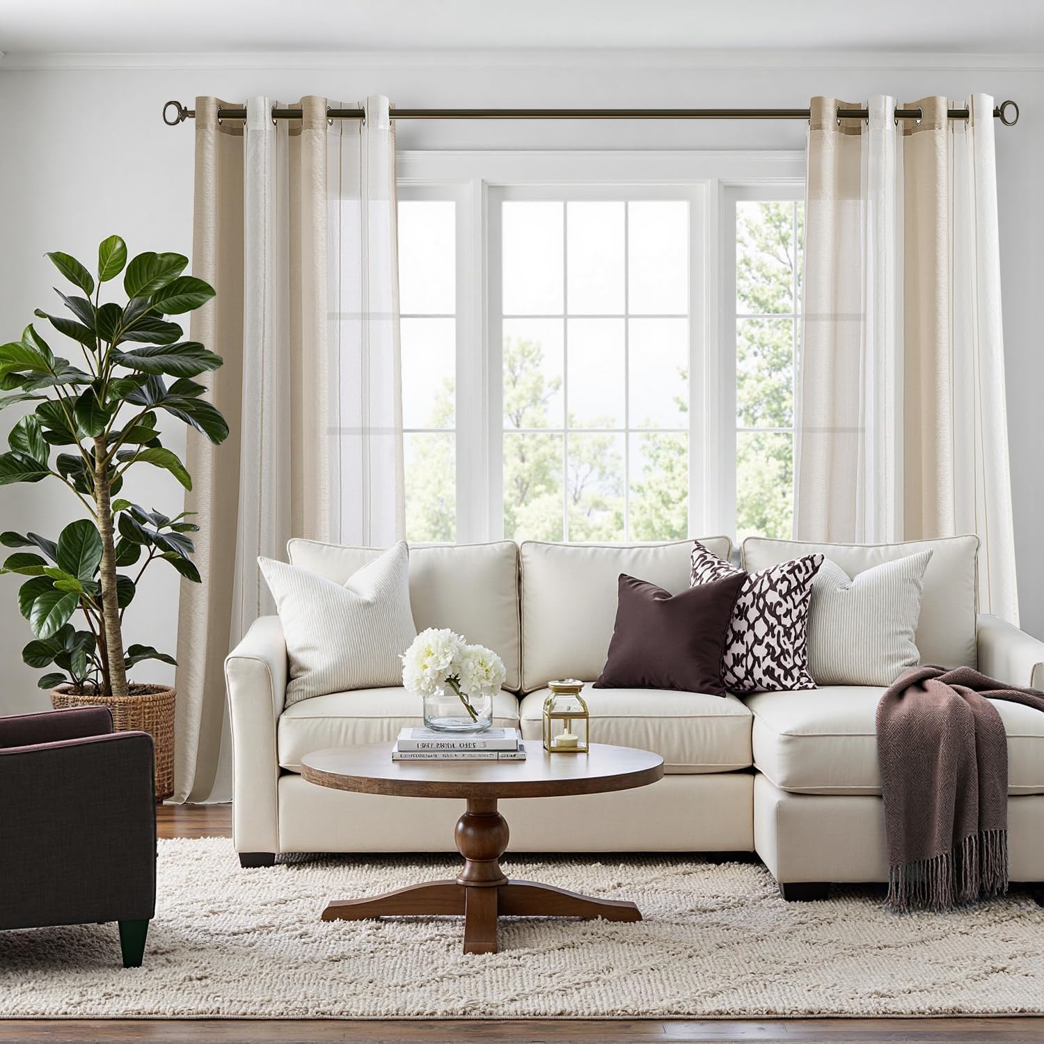 EMEMA Tende a righe trasparenti con occhielli Tende in voile Soggiorno moderno Set di 2 tende Camera da letto Trasparente con motivo Tenda a righe semitrasparente 140 x 290cm Bianco Beige