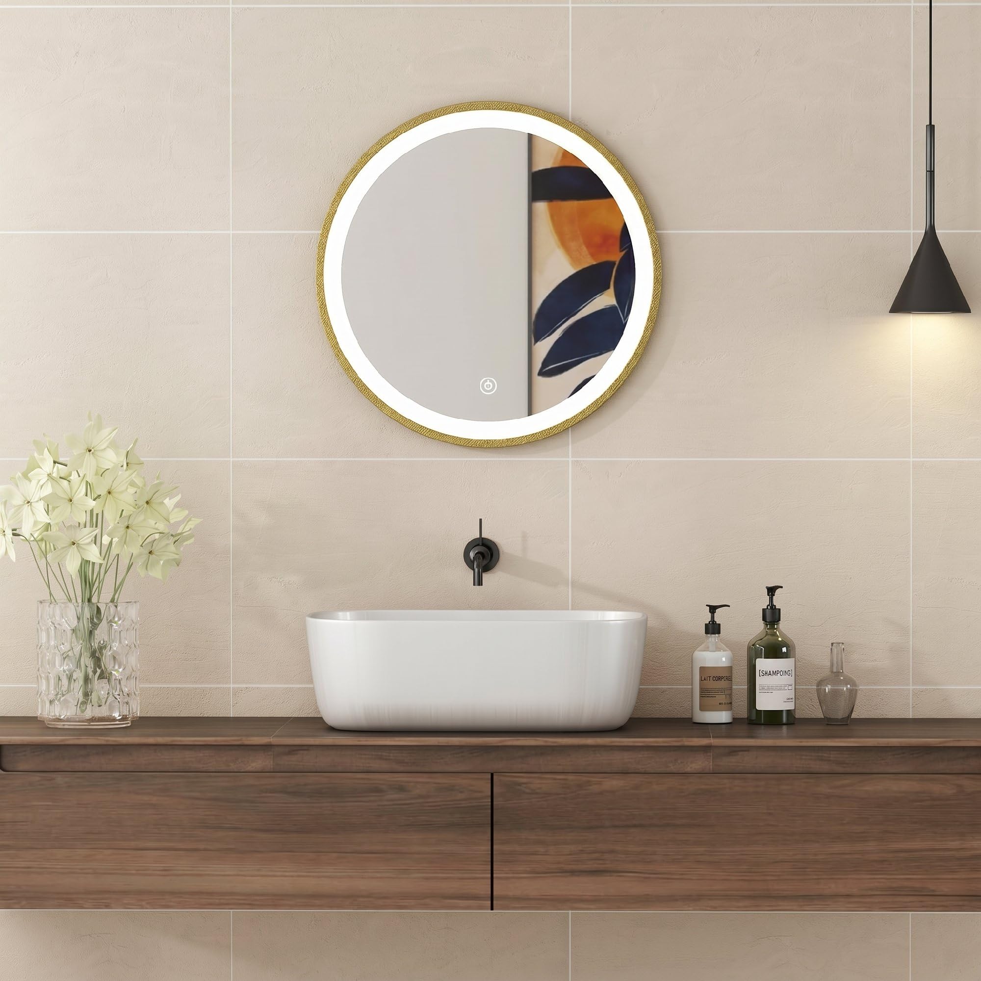 HOMCOM Miroir Salle de Bain avec éclairage LED Rond 40 cm, Miroir Lumineux Mural à 3 températures de Couleur, luminosité réglable, Interrupteur Tactile, doré