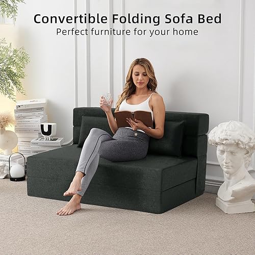 Miniatura 5 de FILUXE Sofá cama plegable convertible  Silla de cama con almohada, moderna tela de lino para suelo y futón, colchón plegable para sala de