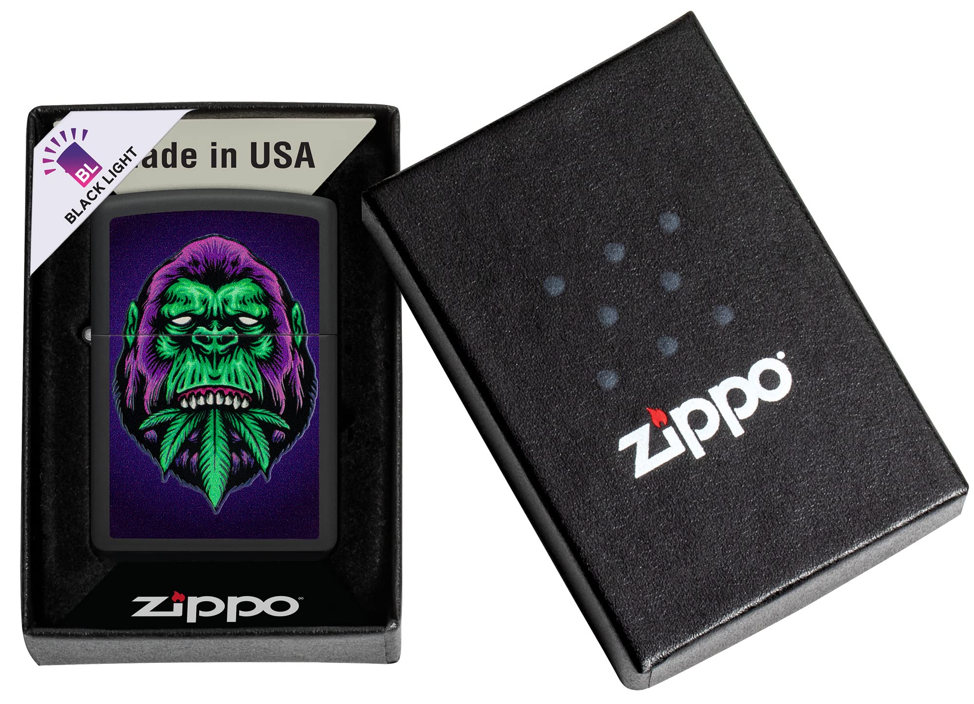 Zippo Encendedor a Prueba de Viento Recargable - Cannabis Gorilla Acabado Negro Mate Efecto Luz Negra