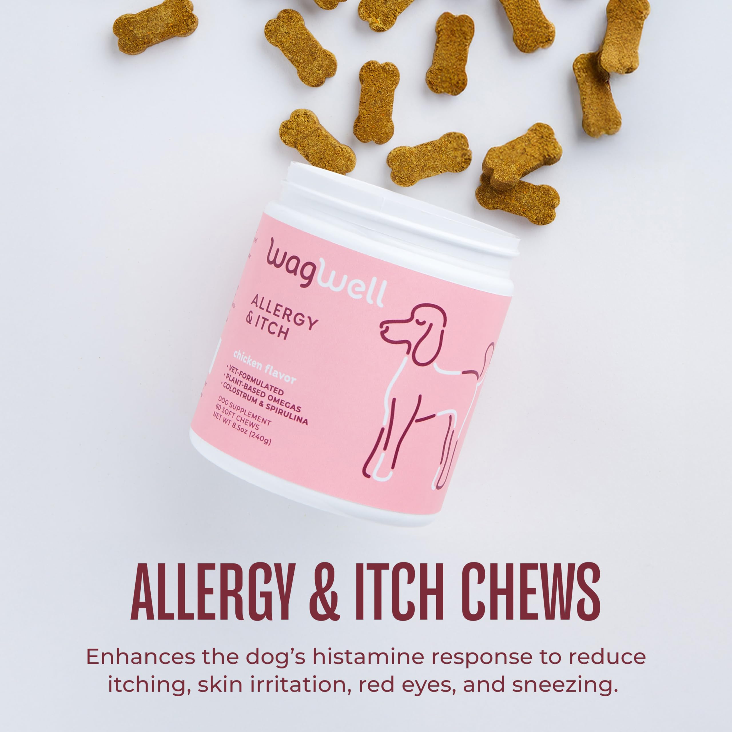 WagWell Allergies et démangeaisons à mâcher – Aromatisé au poulet – À base de plantes avec du colostrum et de la spiruline – Complément alimentaire pour la peau et le pelage de chien pour soulager les